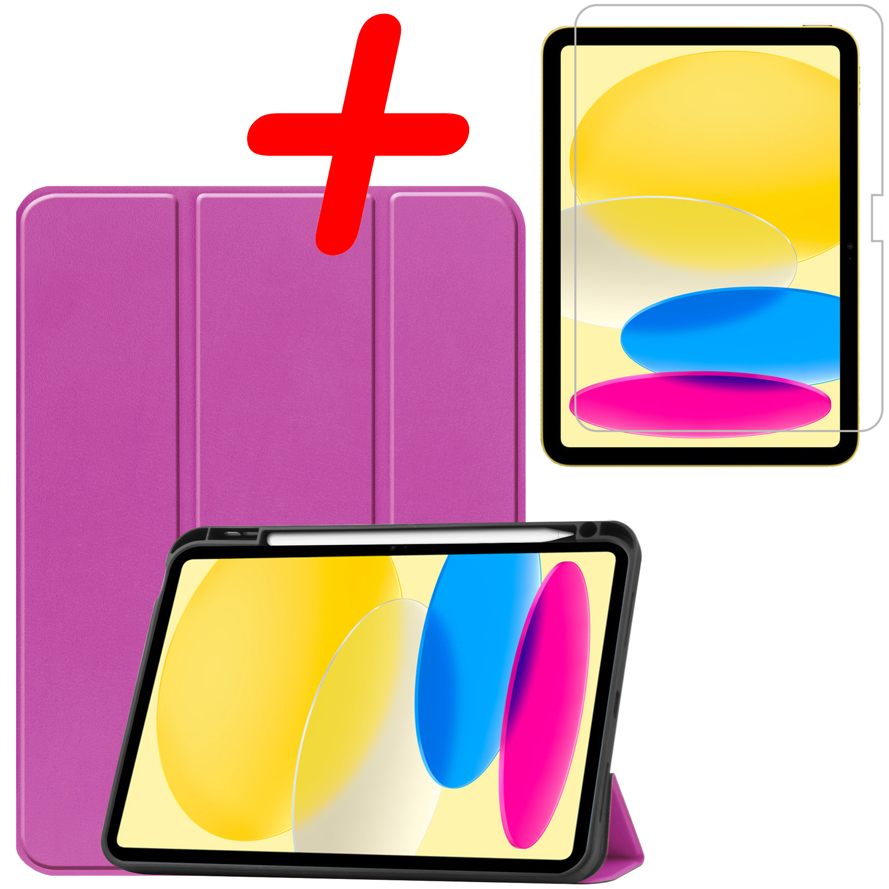 BASEY. Hoesje Geschikt voor iPad 2022 Hoes Case Tablet Hoesje Tri-fold Met Uitsparing Geschikt voor Apple Pencil Met Screenprotector - Hoes Geschikt voor iPad 10 Hoesje Hard Cover Bookcase Hoes - Paars