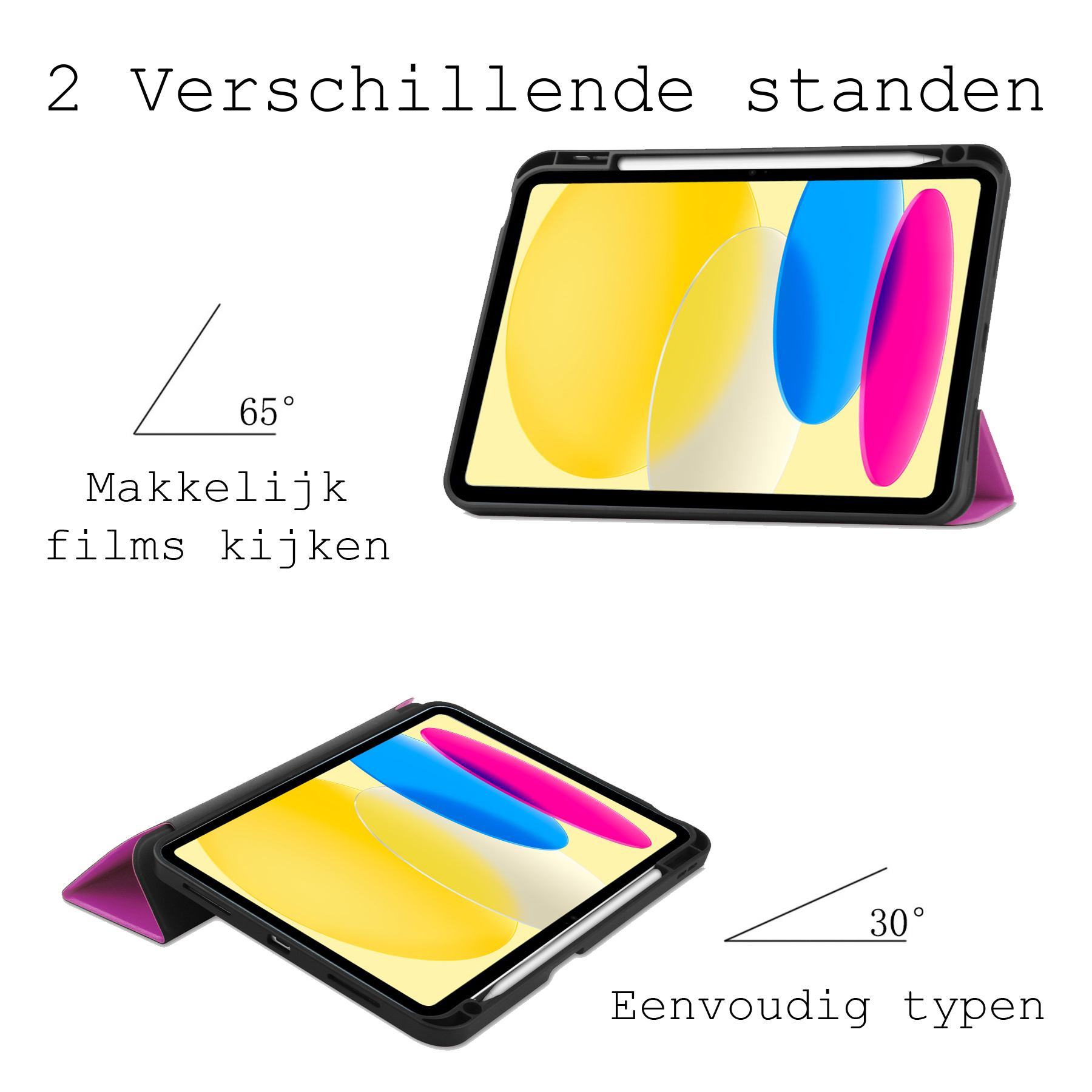 BASEY. Hoesje Geschikt voor iPad 2022 Hoes Case Tablet Hoesje Tri-fold Met Uitsparing Geschikt voor Apple Pencil Met Screenprotector - Hoes Geschikt voor iPad 10 Hoesje Hard Cover Bookcase Hoes - Paars