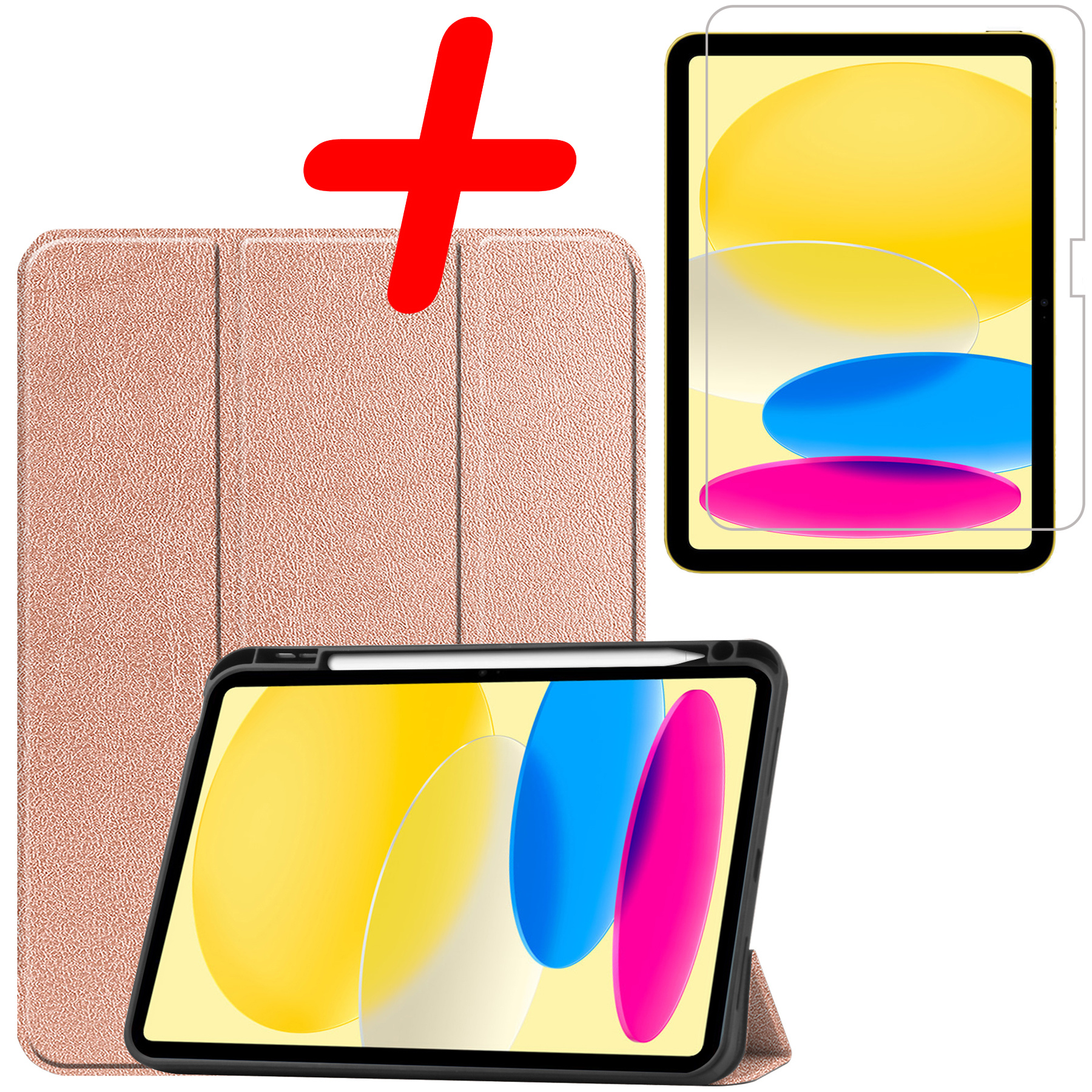 BASEY. Hoesje Geschikt voor iPad 2022 Hoes Case Tablet Hoesje Tri-fold Met Uitsparing Geschikt voor Apple Pencil Met Screenprotector - Hoes Geschikt voor iPad 10 Hoesje Hard Cover Bookcase Hoes - Rosé goud