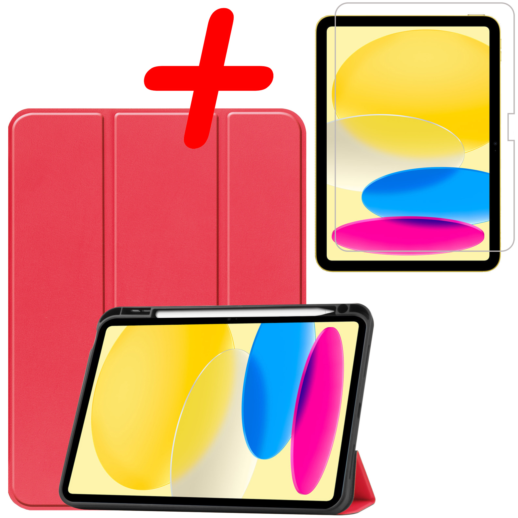 BASEY. Hoesje Geschikt voor iPad 2022 Hoes Case Tablet Hoesje Tri-fold Met Uitsparing Geschikt voor Apple Pencil Met Screenprotector - Hoes Geschikt voor iPad 10 Hoesje Hard Cover Bookcase Hoes - Rood