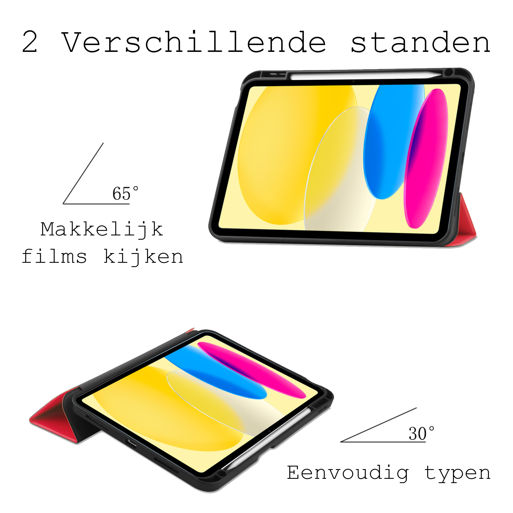 BASEY. Hoesje Geschikt voor iPad 2022 Hoes Case Tablet Hoesje Tri-fold Met Uitsparing Geschikt voor Apple Pencil Met Screenprotector - Hoes Geschikt voor iPad 10 Hoesje Hard Cover Bookcase Hoes - Rood