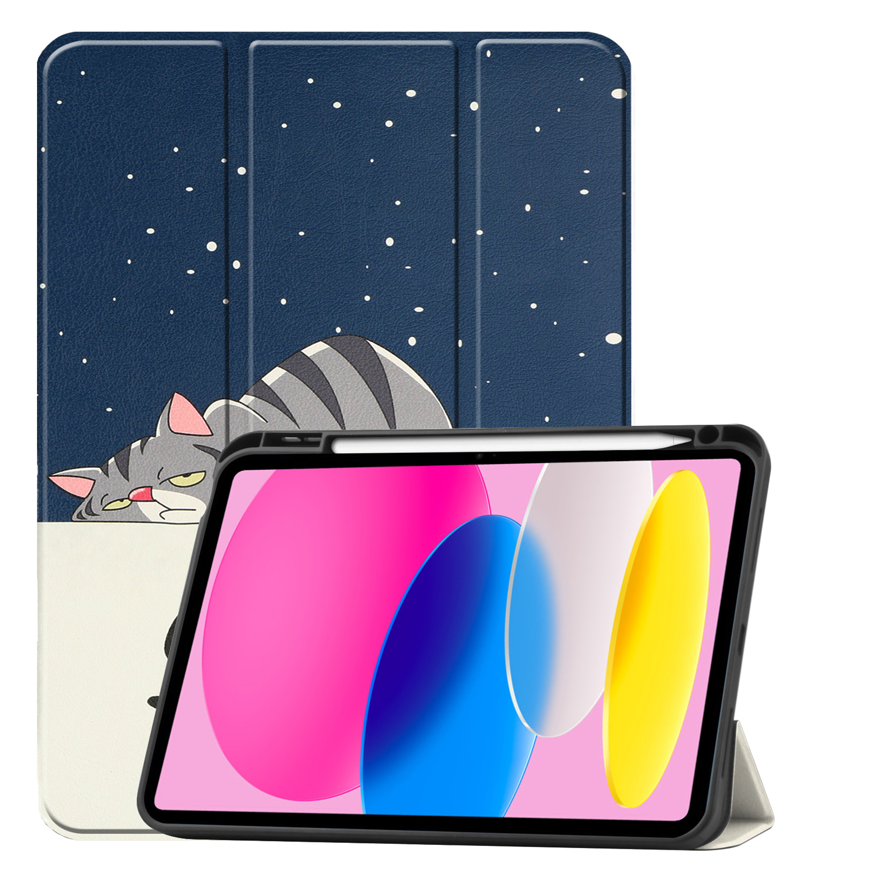 Nomfy Hoes Geschikt voor iPad 2022 Hoes Tri-fold Tablet Hoesje Case Met Uitsparing Geschikt voor Apple Pencil Met Screenprotector - Hoesje Geschikt voor iPad 10 Hoesje Hardcover Bookcase - Kat