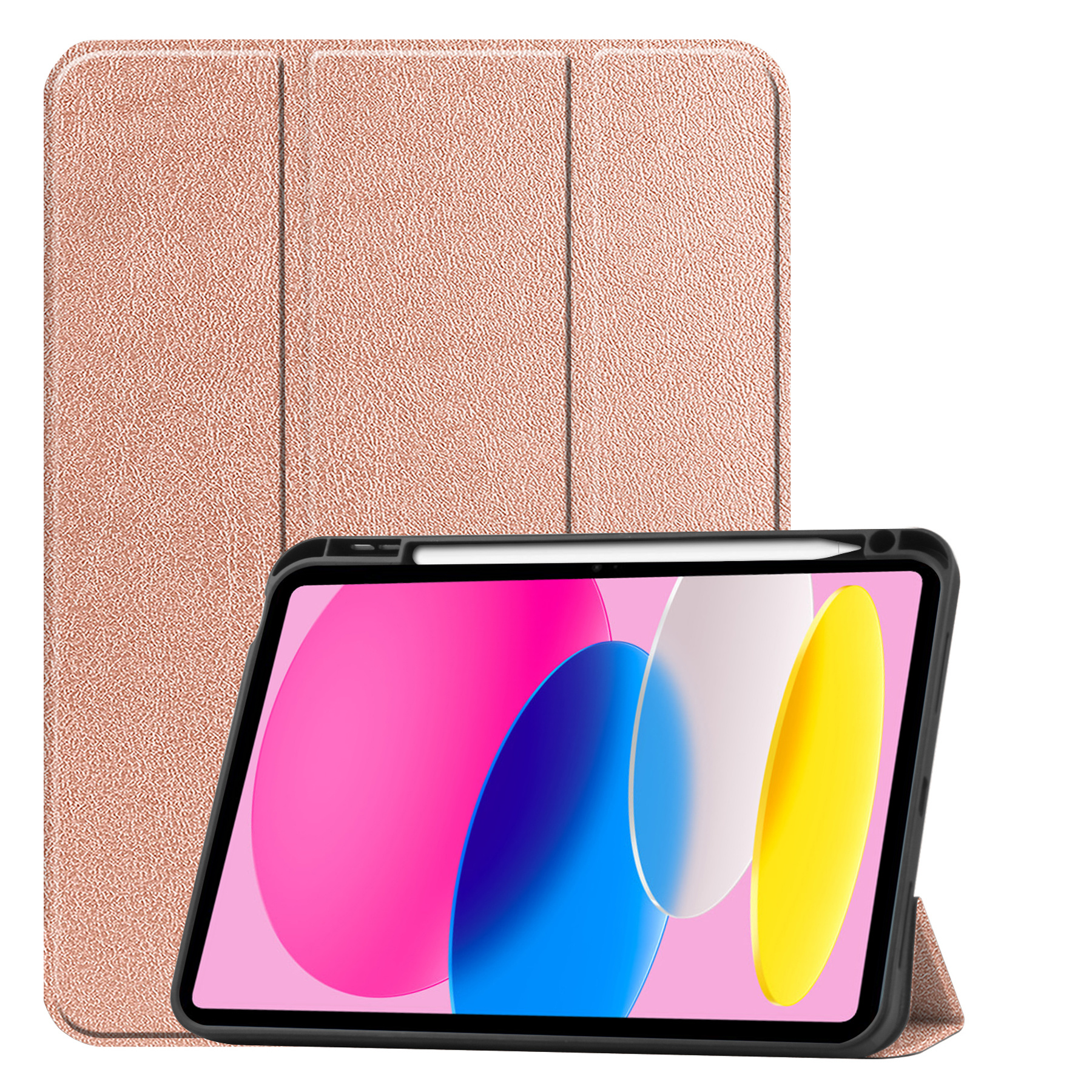 Nomfy Hoes Geschikt voor iPad 2022 Hoes Tri-fold Tablet Hoesje Case Met Uitsparing Geschikt voor Apple Pencil Met Screenprotector - Hoesje Geschikt voor iPad 10 Hoesje Hardcover Bookcase - Rosé goud