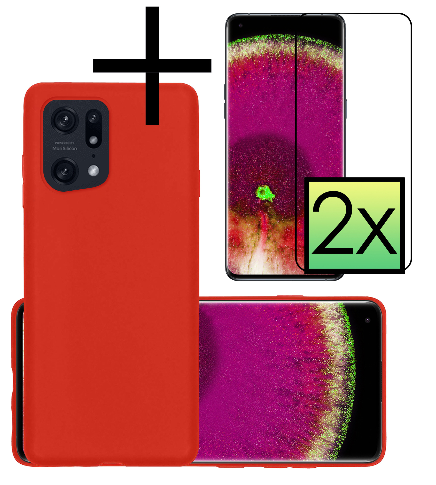 OPPO Find X5 Hoesje Back Cover Siliconen Case Hoes Met 2x Screenprotector - Rood