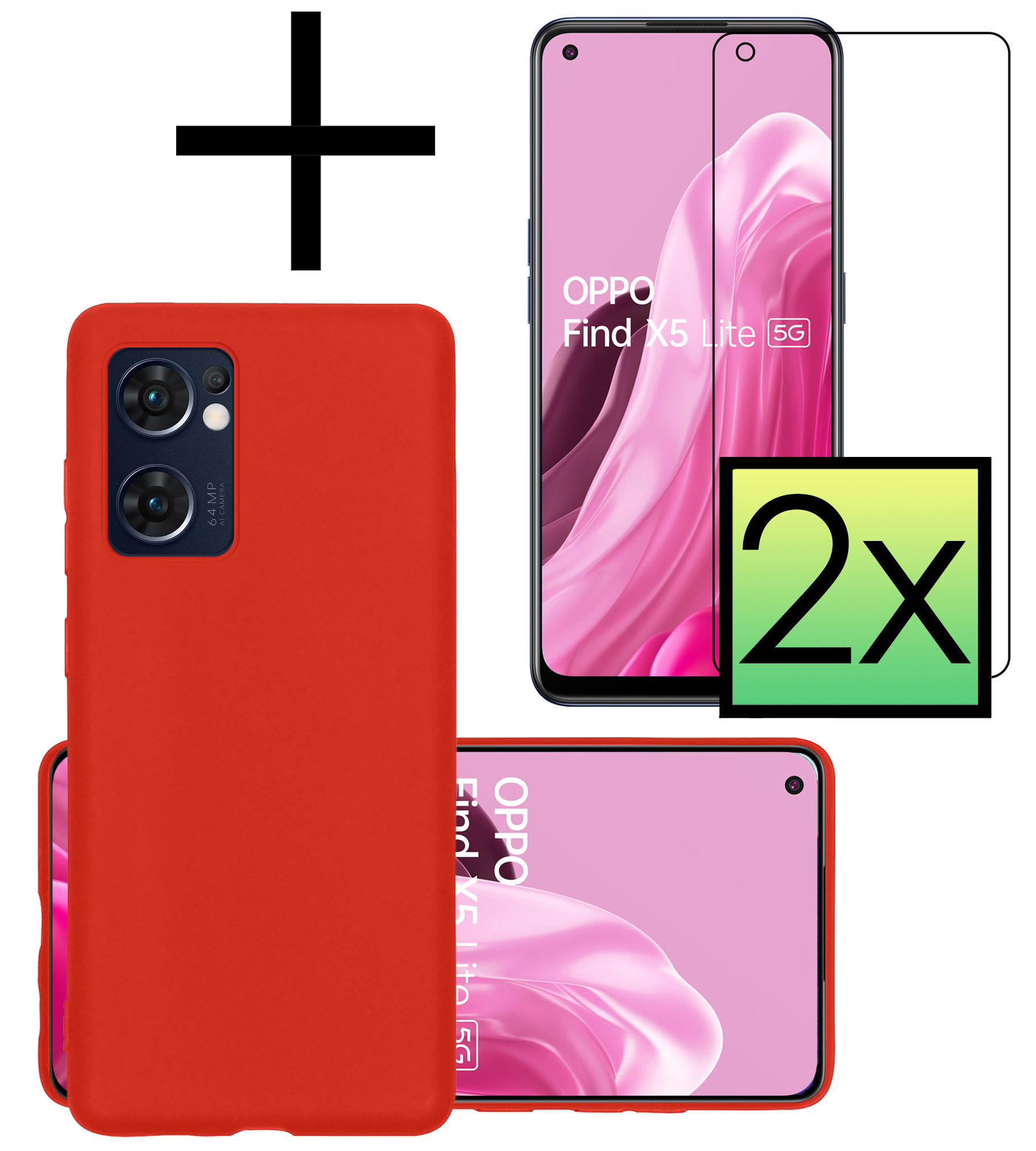 NoXx Hoes Geschikt voor OPPO Find X5 Lite Hoesje Cover Siliconen Back Case Hoes Met 2x Screenprotector - Rood
