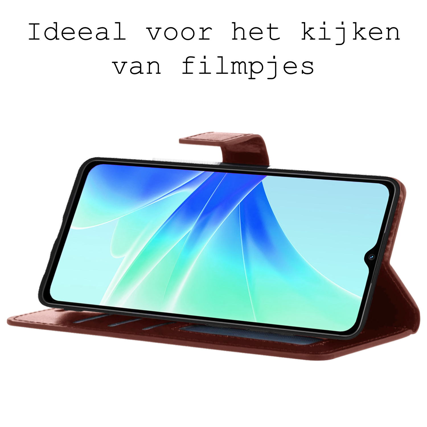 BASEY. Hoes Geschikt voor OPPO A17 Hoesje Bookcase Hoes Flip Case Book Cover - Hoesje Geschikt voor OPPO A17 Hoes Book Case Hoesje - Bruin