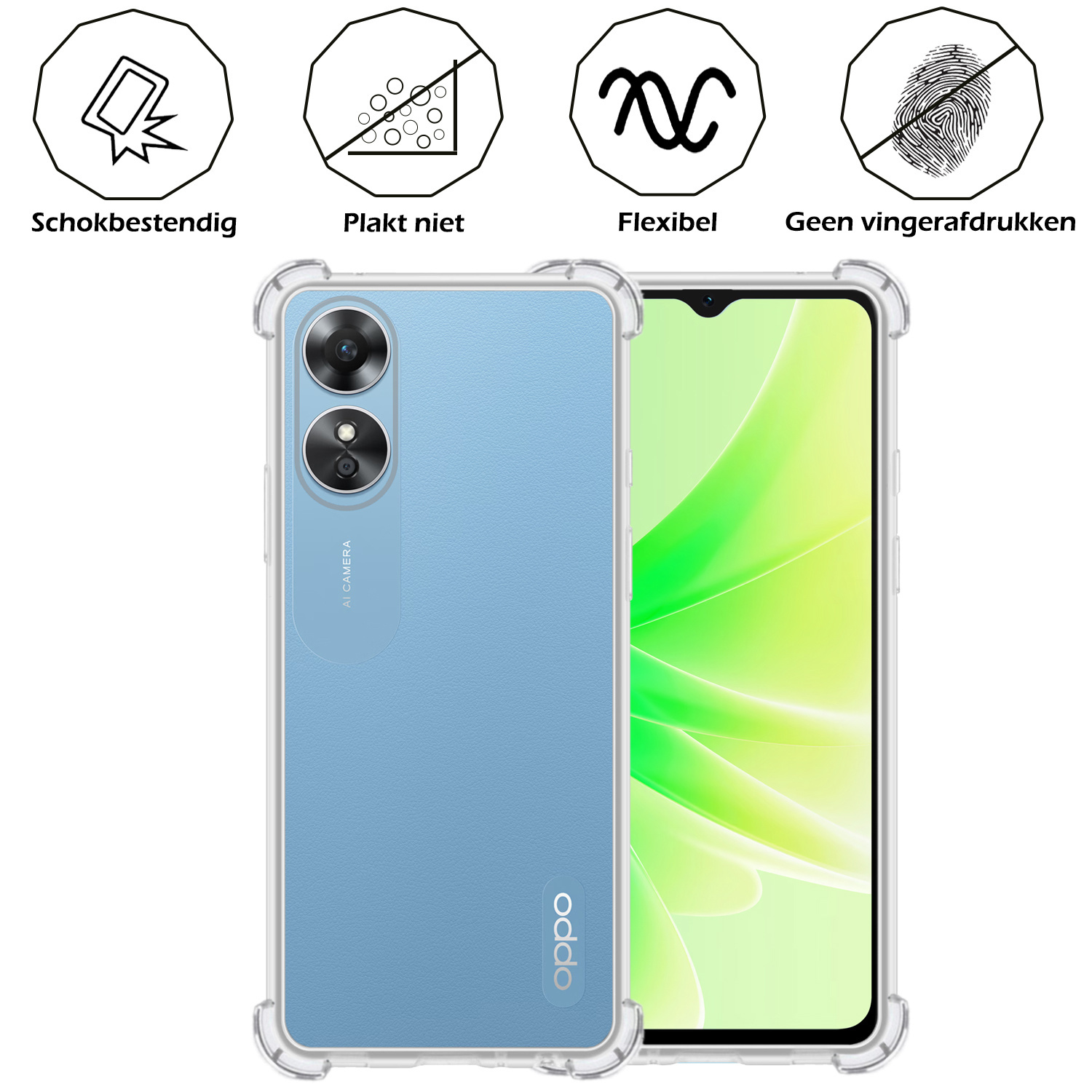 Nomfy Hoesje Geschikt voor OPPO A17 Hoesje Shock Proof Cover Case Shockproof Met 2x Screenprotector - Hoes Geschikt voor OPPO A17 Hoes Siliconen Back Case - Transparant