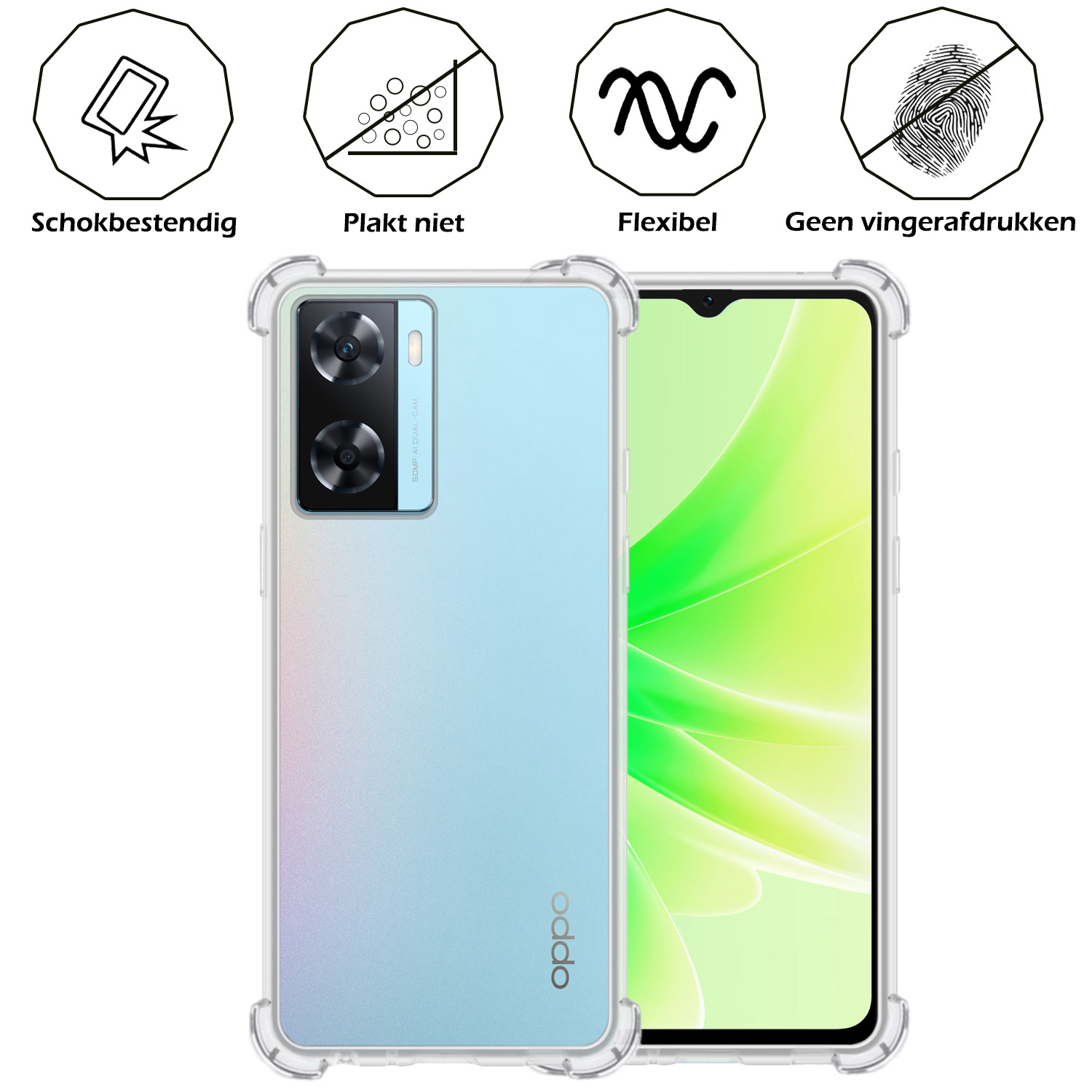 Nomfy Hoesje Geschikt voor OPPO A57s Hoesje Shock Proof Cover Case Shockproof Met Screenprotector - Hoes Geschikt voor OPPO A57s Hoes Siliconen Back Case - Transparant
