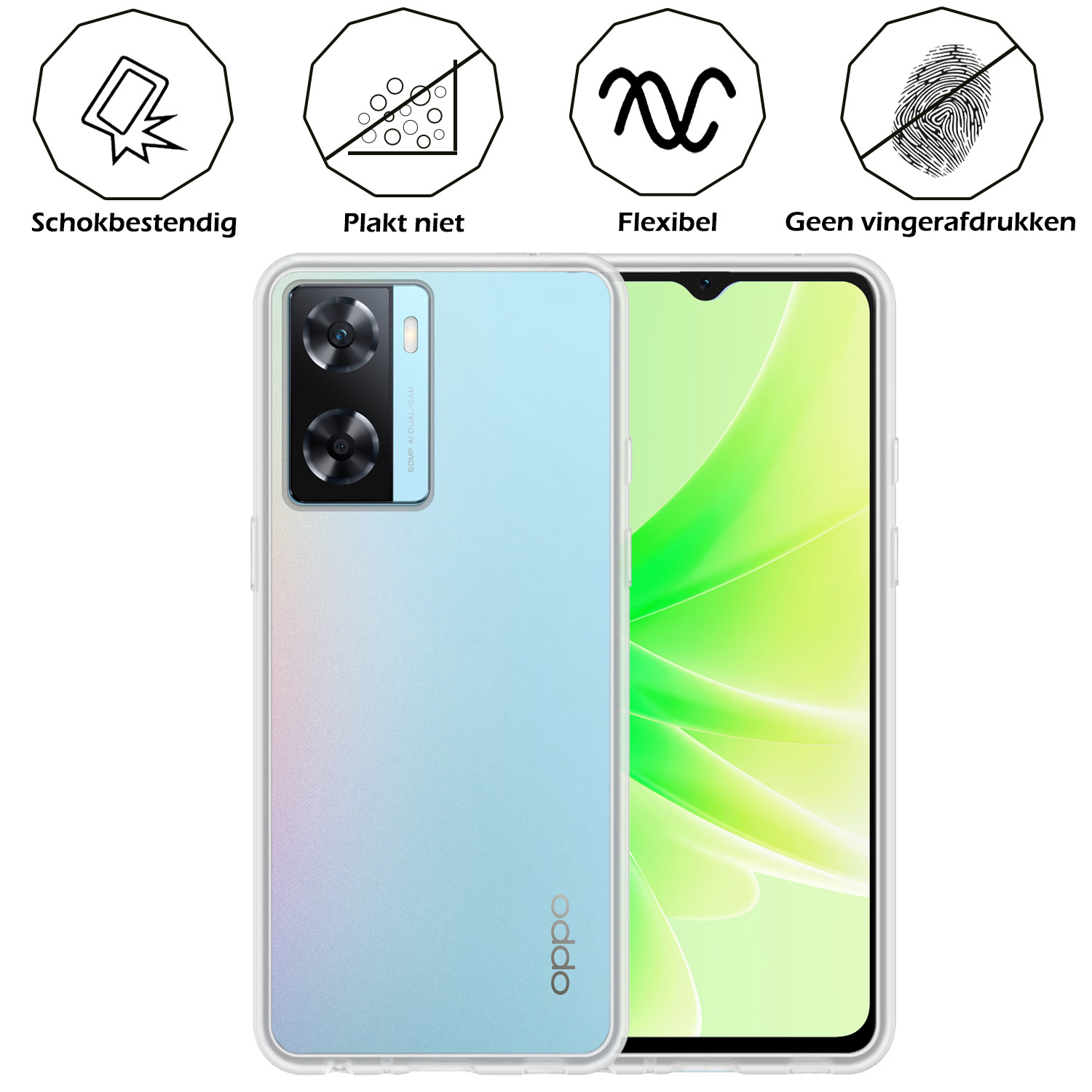Nomfy Hoesje Geschikt voor OPPO A57s Hoesje Siliconen Cover Case Met 2x Screenprotector - Hoes Geschikt voor OPPO A57s Hoes Back Case - Transparant
