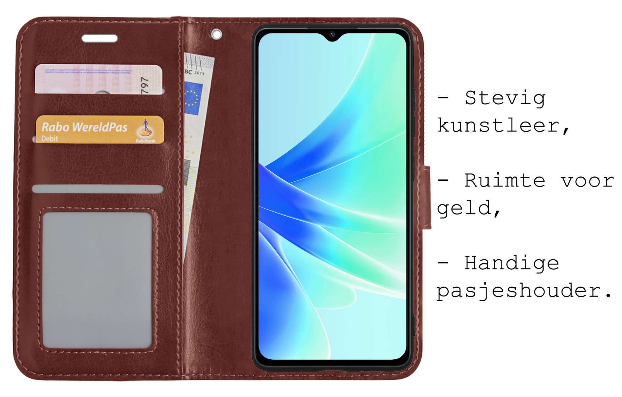 BASEY. Hoes Geschikt voor OPPO A17 Hoesje Bookcase Hoes Flip Case Book Cover Met Screenprotector - Hoesje Geschikt voor OPPO A17 Hoes Book Case Hoesje - Bruin