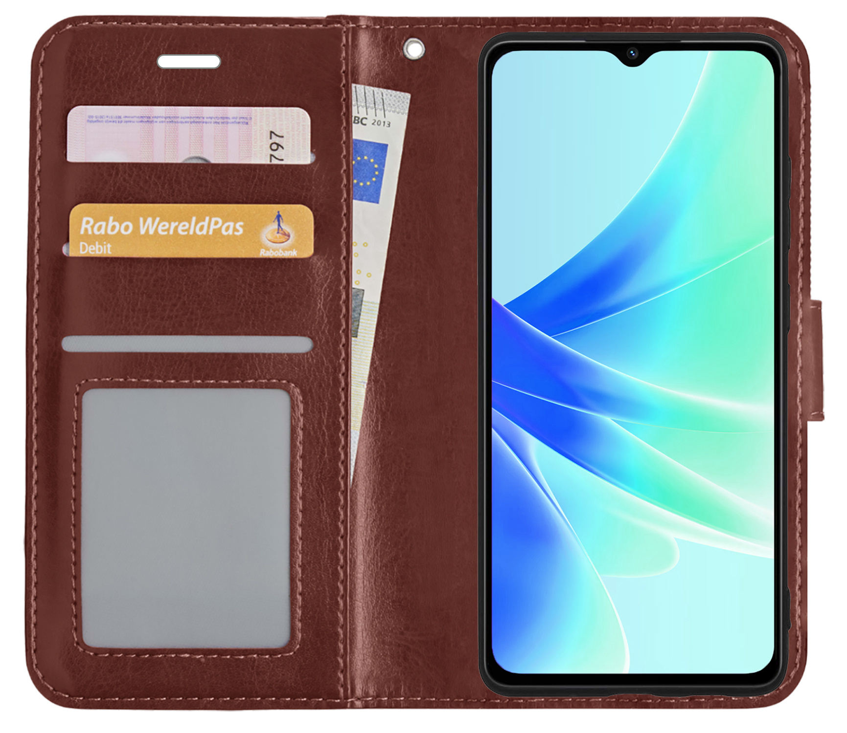 BASEY. Hoes Geschikt voor OPPO A17 Hoesje Bookcase Hoes Flip Case Book Cover Met Screenprotector - Hoesje Geschikt voor OPPO A17 Hoes Book Case Hoesje - Bruin