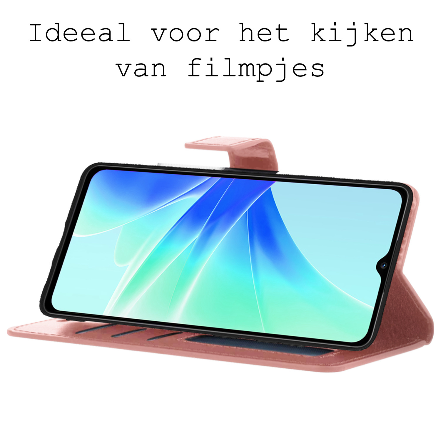 BASEY. Hoes Geschikt voor OPPO A17 Hoesje Bookcase Hoes Flip Case Book Cover Met Screenprotector - Hoesje Geschikt voor OPPO A17 Hoes Book Case Hoesje - Rosé goud