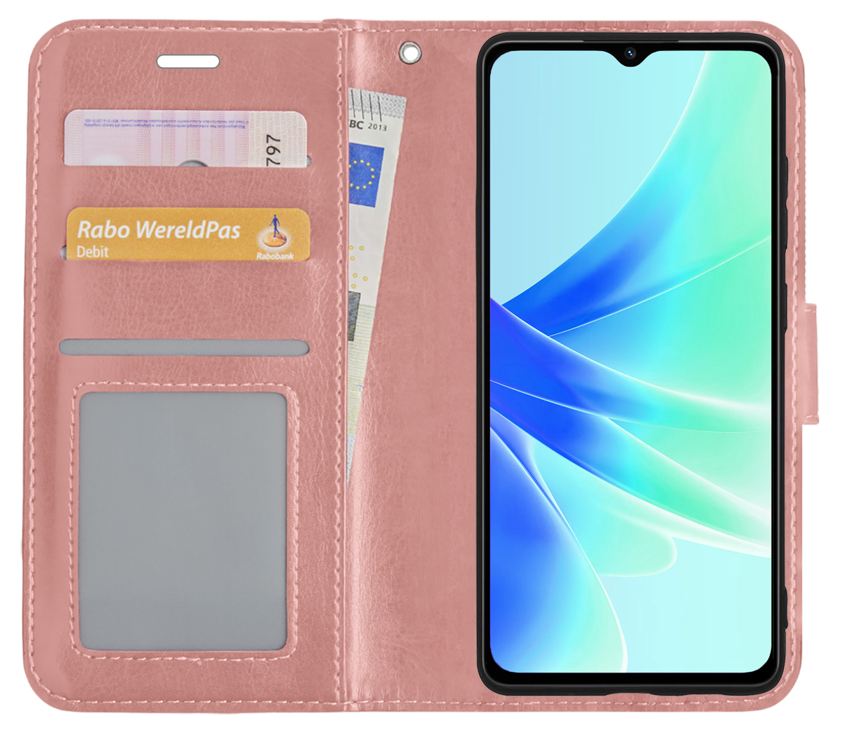 BASEY. Hoes Geschikt voor OPPO A17 Hoesje Bookcase Hoes Flip Case Book Cover Met Screenprotector - Hoesje Geschikt voor OPPO A17 Hoes Book Case Hoesje - Rosé goud