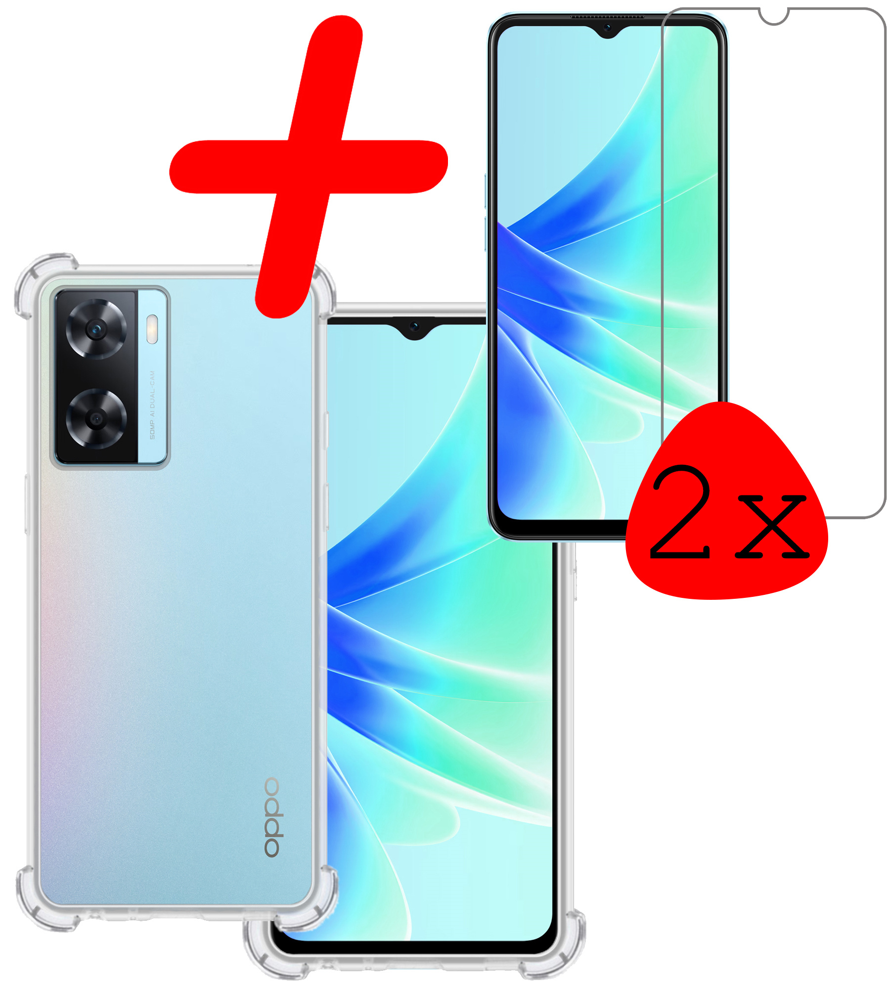 BASEY. Hoes Geschikt voor OPPO A57s Hoesje Shock Proof Case Hoes Siliconen Met 2x Screenprotector - Hoesje Geschikt voor OPPO A57s Hoes Cover Shockproof - Transparant