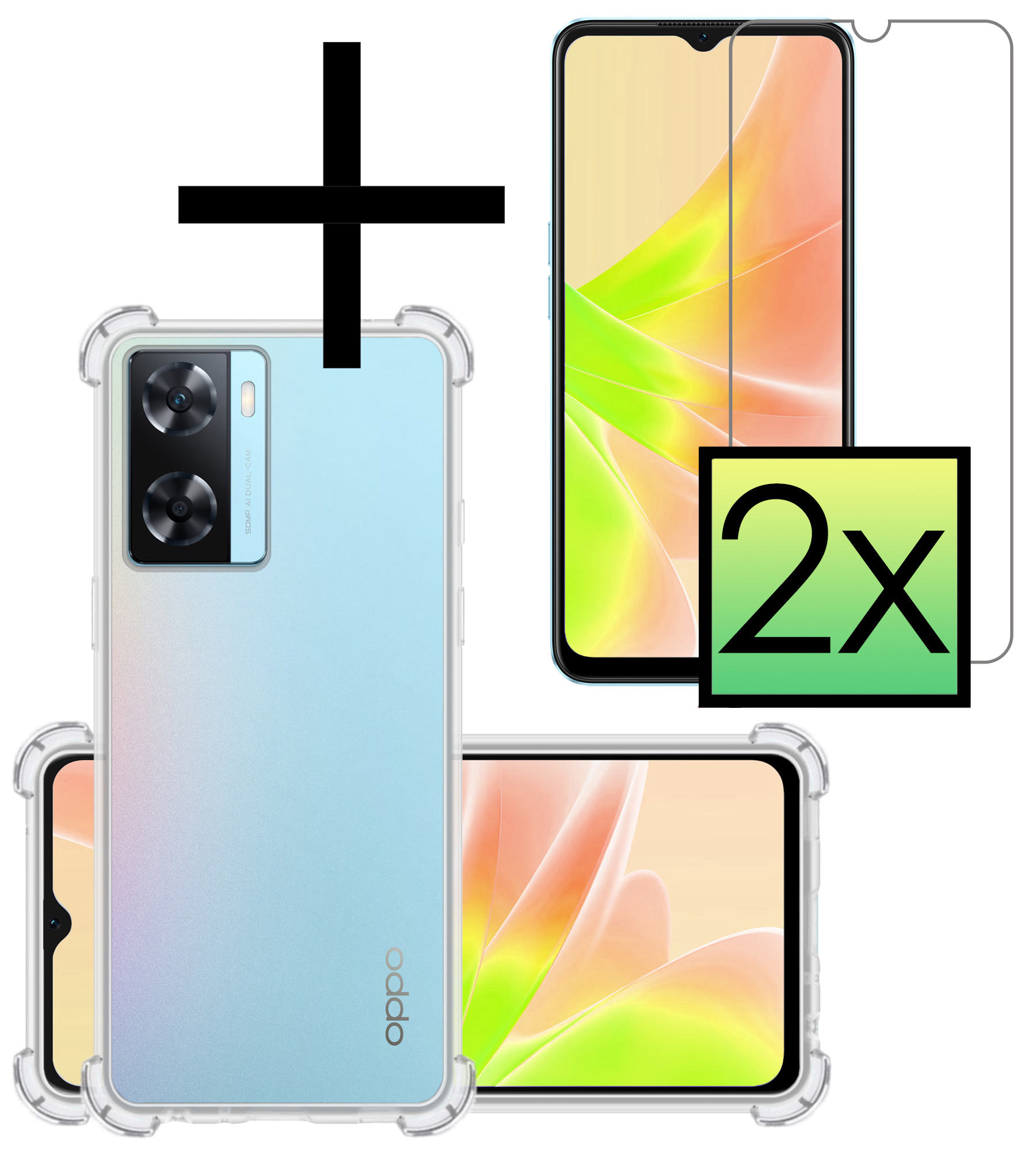 NoXx Hoes Geschikt voor OPPO A57s Hoesje Siliconen Cover Shock Proof Back Case Shockproof Hoes Met 2x Screenprotector - Transparant