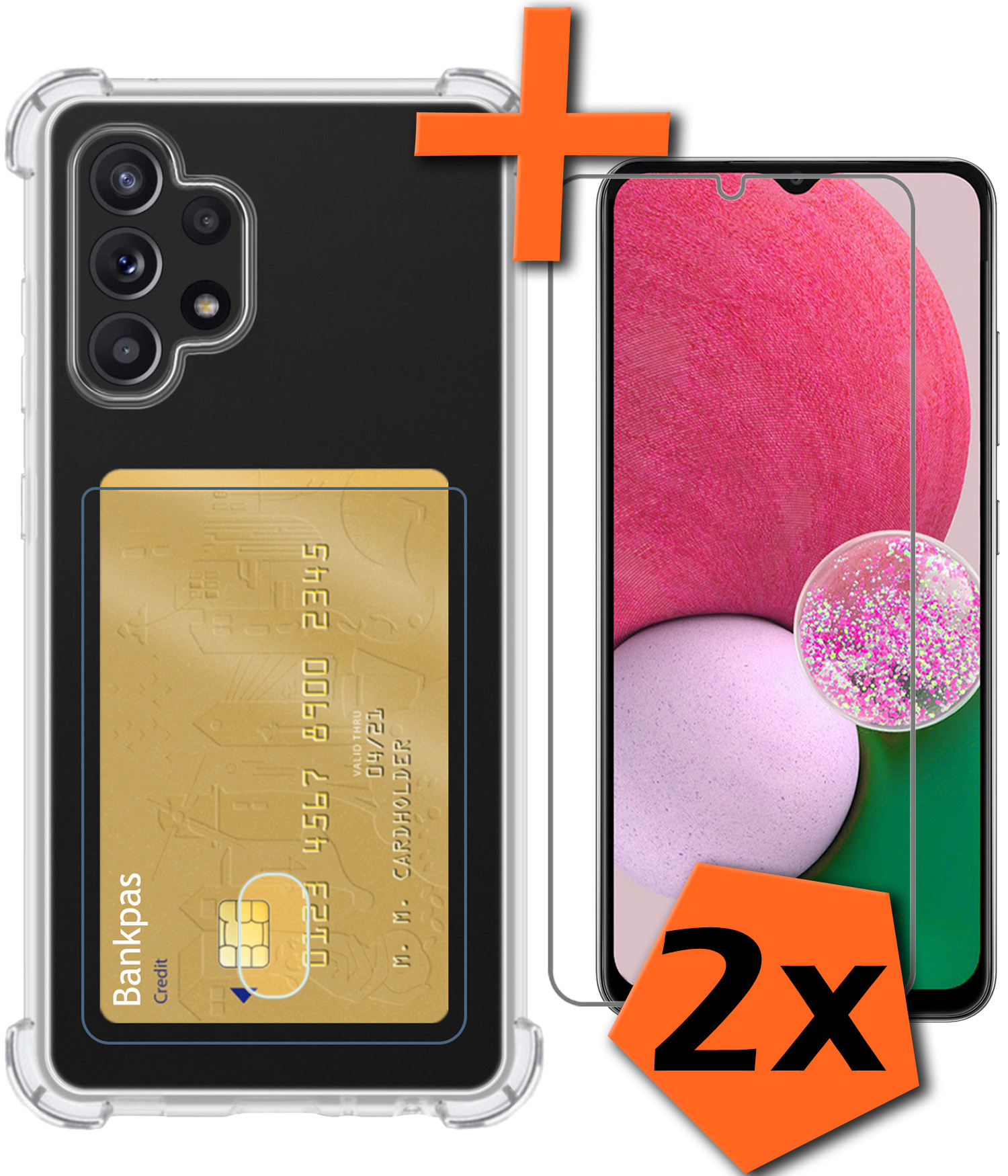 Nomfy Hoesje Geschikt voor Samsung A32 4G Hoesje Pasjeshouder Shockproof Pas Houder Met 2x Screenprotector - Hoesje Geschikt voor Samsung Galaxy A32 4G Hoes Met Kaarthouder - Transparant