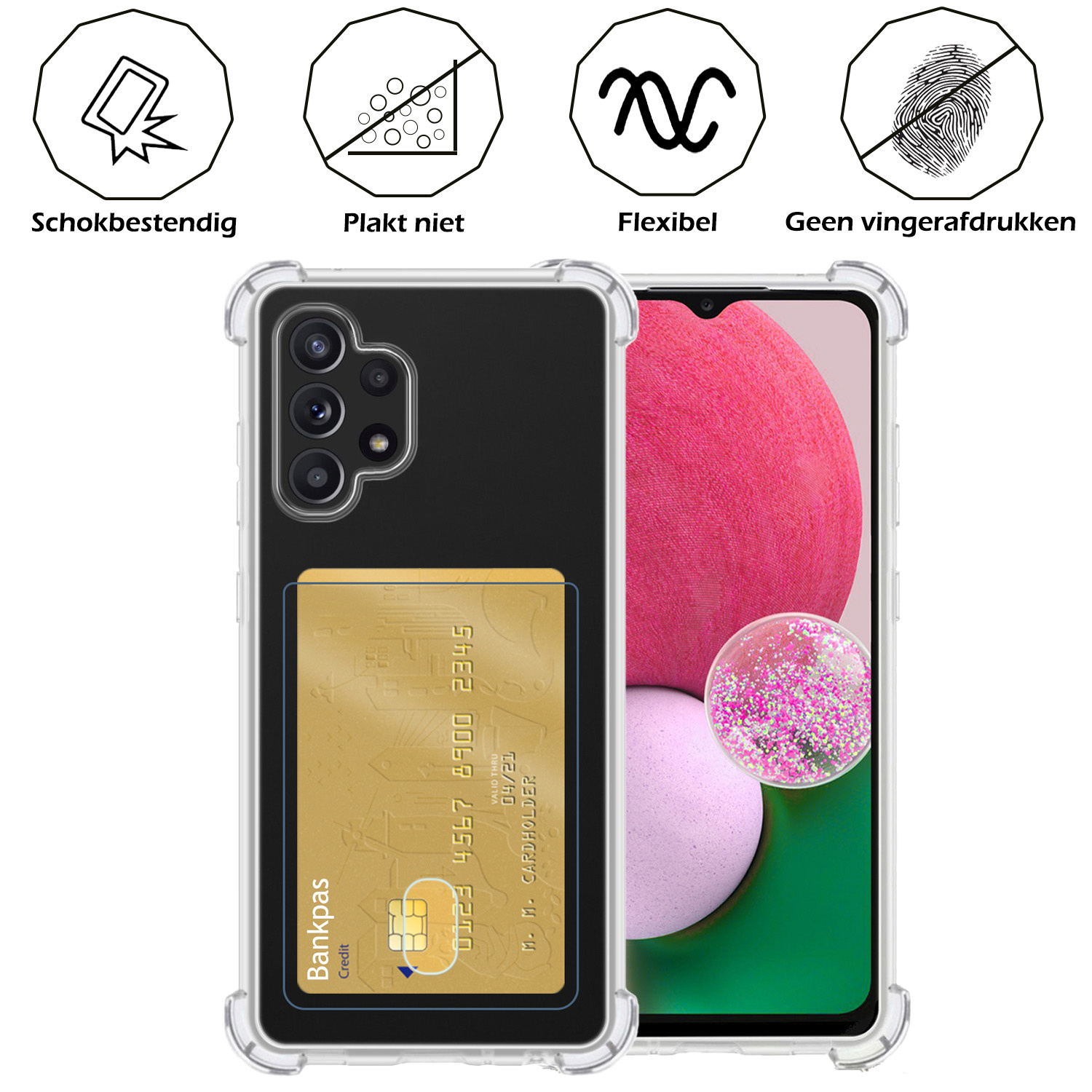 Nomfy Hoesje Geschikt voor Samsung A32 4G Hoesje Pasjeshouder Shockproof Pas Houder Met 2x Screenprotector - Hoesje Geschikt voor Samsung Galaxy A32 4G Hoes Met Kaarthouder - Transparant