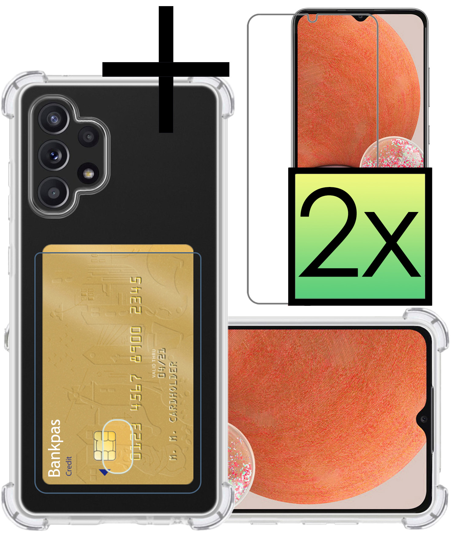NoXx Hoes Geschikt voor Samsung A32 4G Hoesje Pasjeshouder Cover Shock Proof Case Siliconen Hoes Met Kaarthouder Met 2x Screenprotector - Transparant