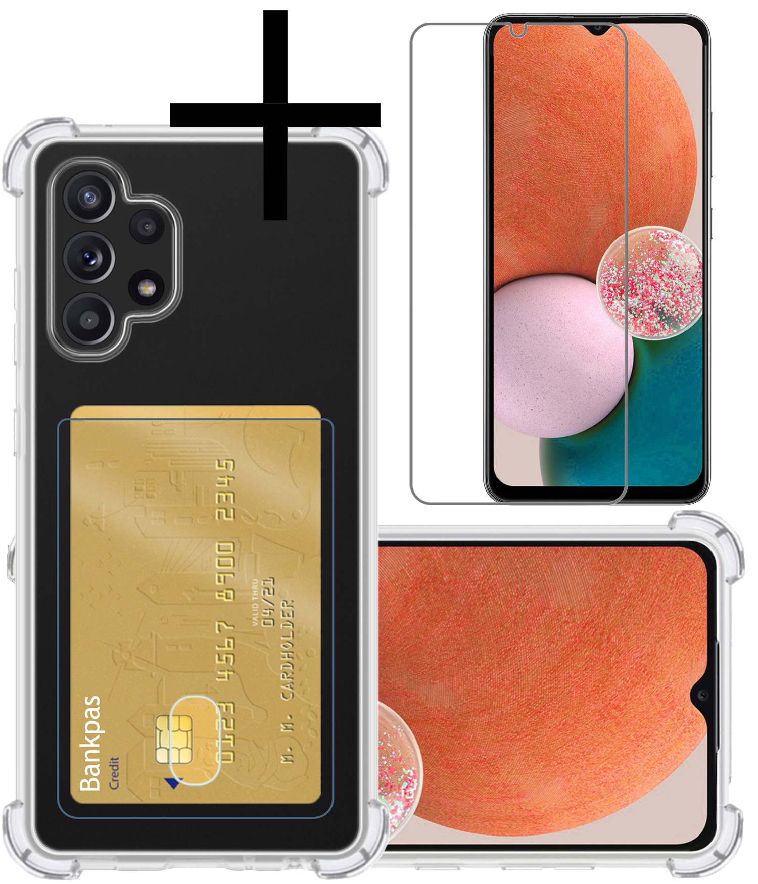 NoXx Hoes Geschikt voor Samsung A32 4G Hoesje Pasjeshouder Cover Shock Proof Case Siliconen Hoes Met Kaarthouder Met Screenprotector - Transparant