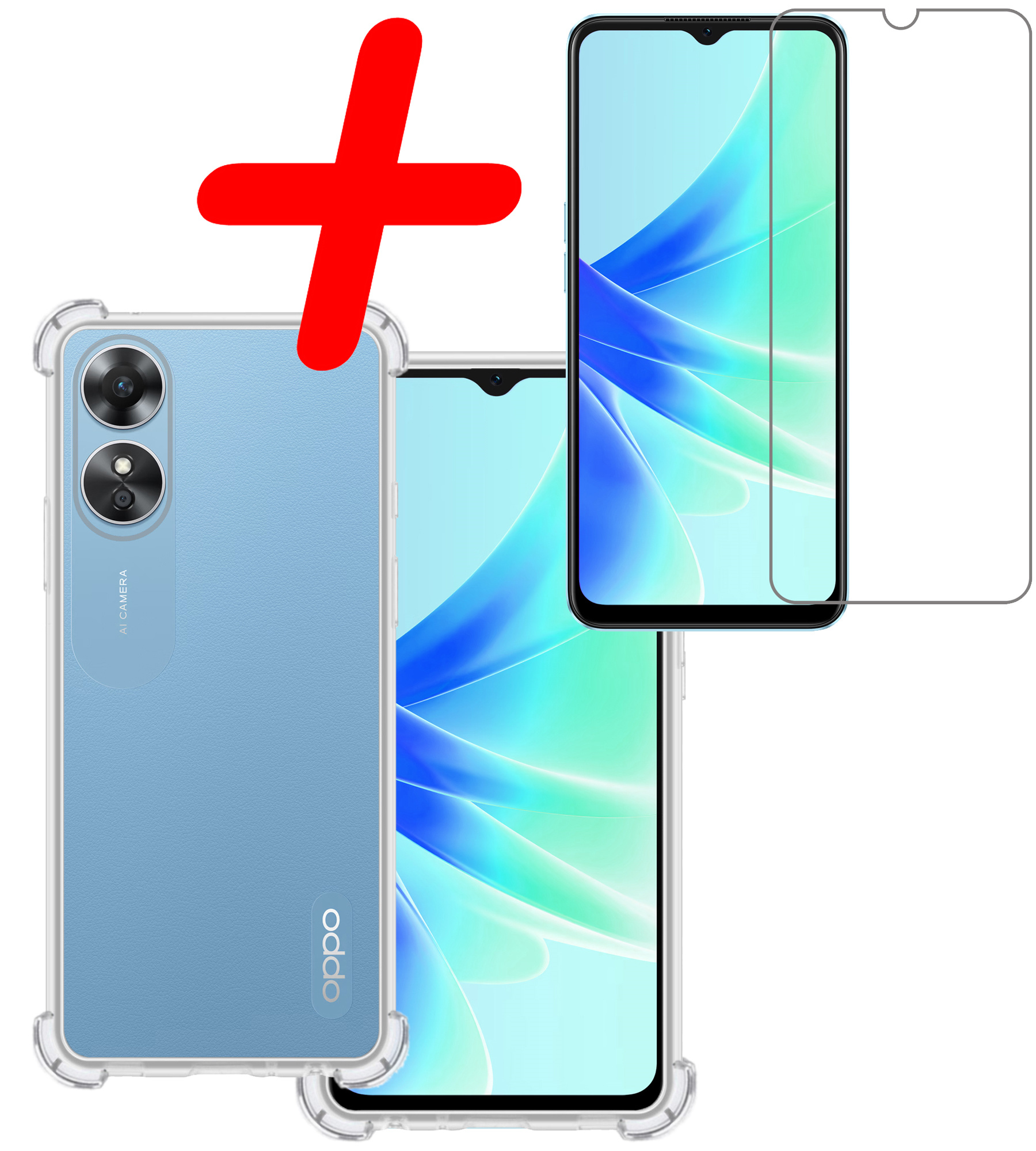 BASEY. Hoes Geschikt voor OPPO A17 Hoesje Shock Proof Case Hoes Siliconen Met Screenprotector - Hoesje Geschikt voor OPPO A17 Hoes Cover Shockproof - Transparant