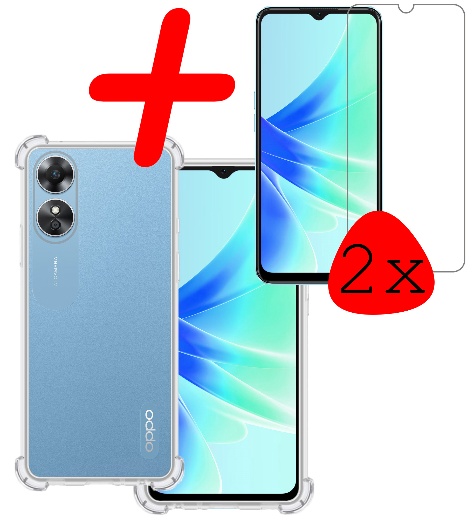 BASEY. Hoes Geschikt voor OPPO A17 Hoesje Shock Proof Case Hoes Siliconen Met 2x Screenprotector - Hoesje Geschikt voor OPPO A17 Hoes Cover Shockproof - Transparant