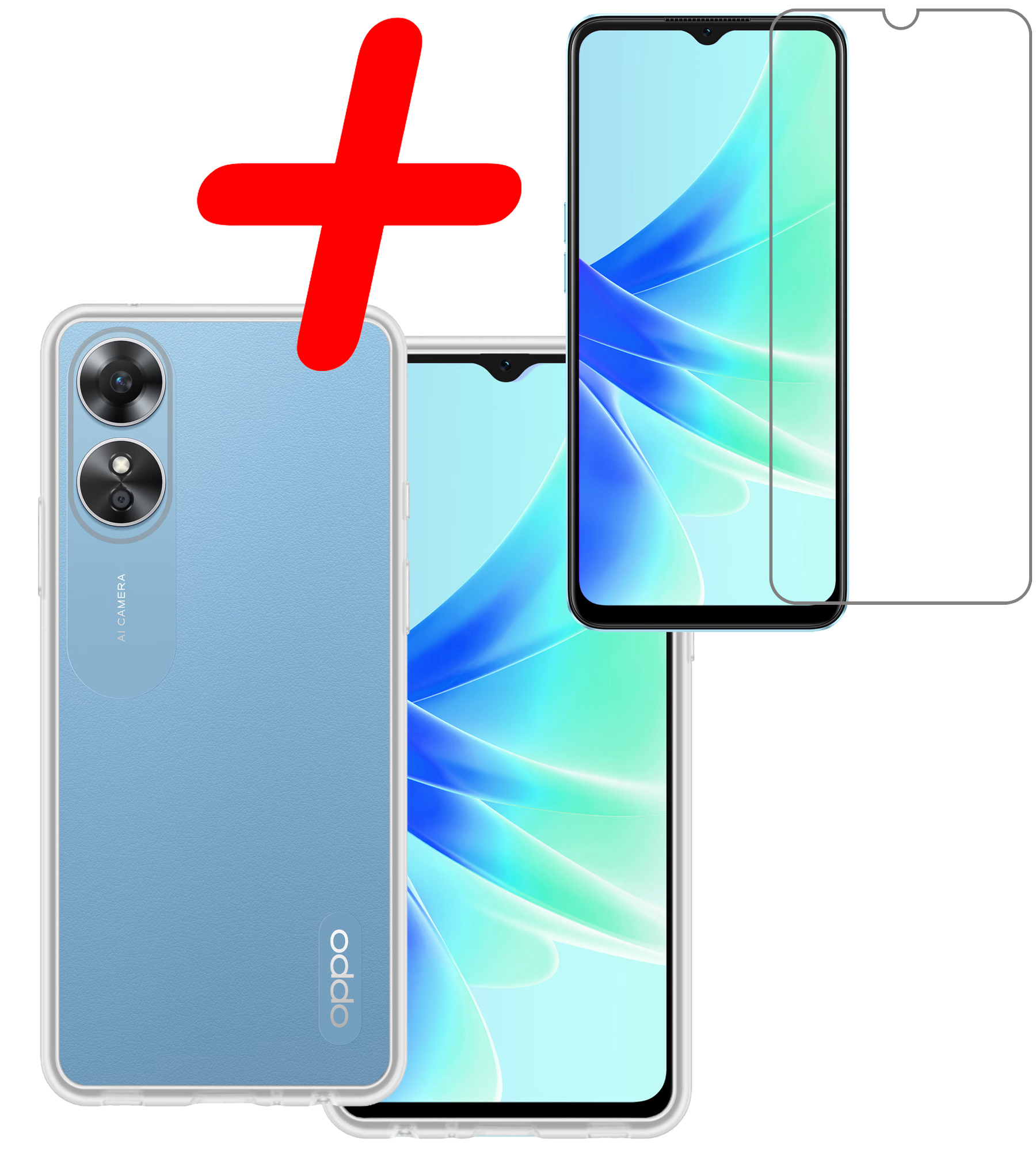 BASEY. Hoes Geschikt voor OPPO A17 Hoesje Siliconen Back Cover Case Met Screenprotector - Hoesje Geschikt voor OPPO A17 Hoes Cover Hoesje - Transparant