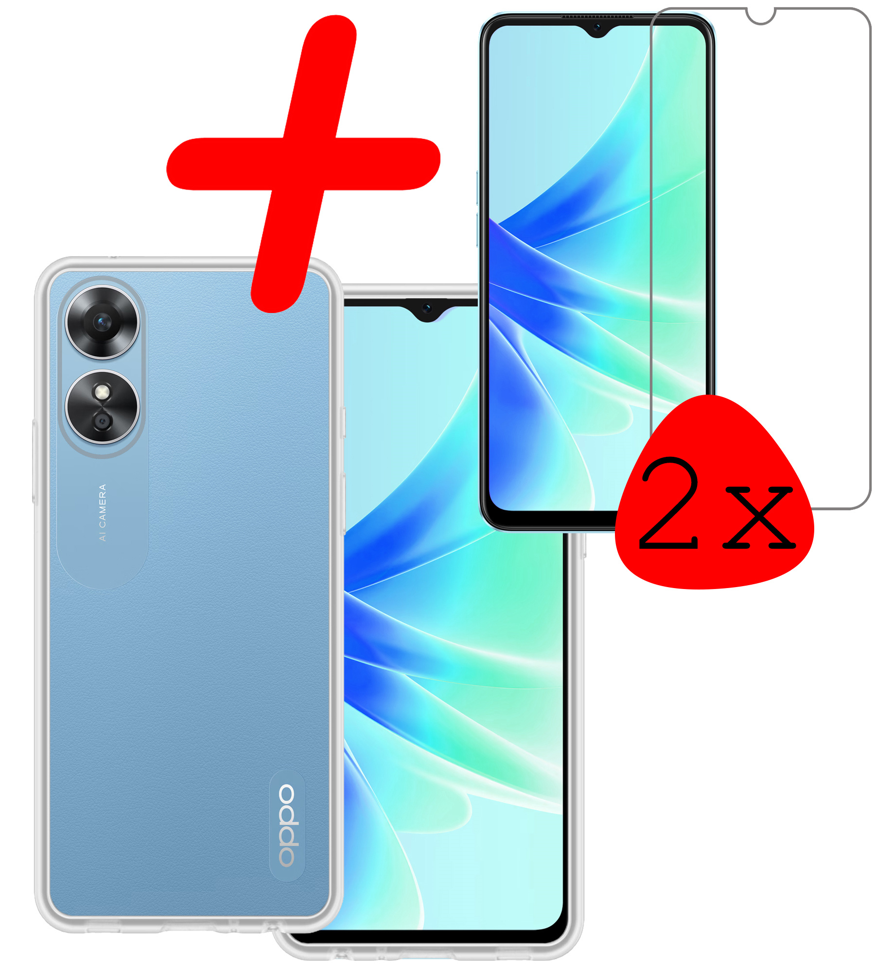 BASEY. Hoes Geschikt voor OPPO A17 Hoesje Siliconen Back Cover Case Met 2x Screenprotector - Hoesje Geschikt voor OPPO A17 Hoes Cover Hoesje - Transparant