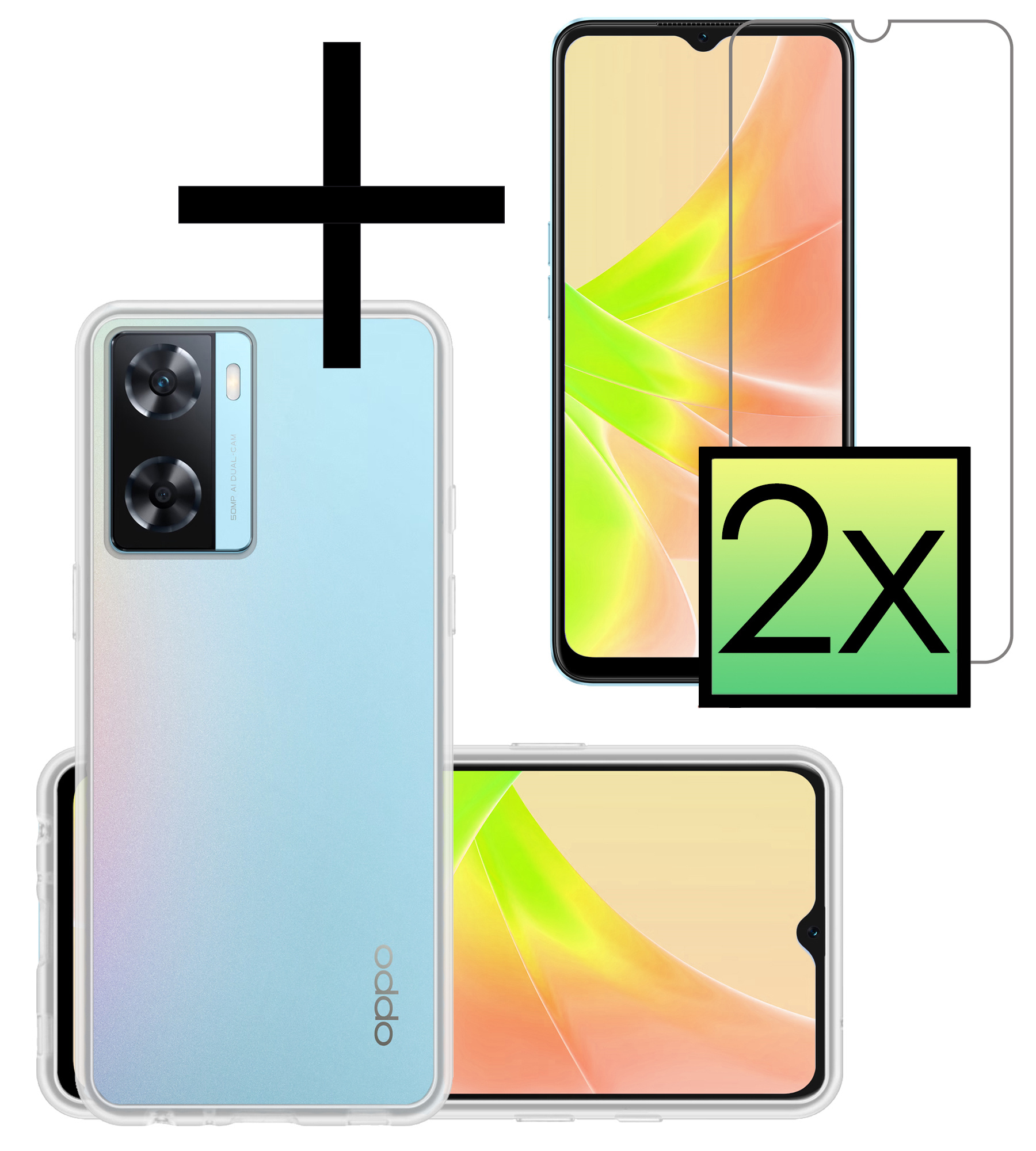 NoXx Hoes Geschikt voor OPPO A57s Hoesje Cover Siliconen Back Case Hoes Met 2x Screenprotector - Transparant