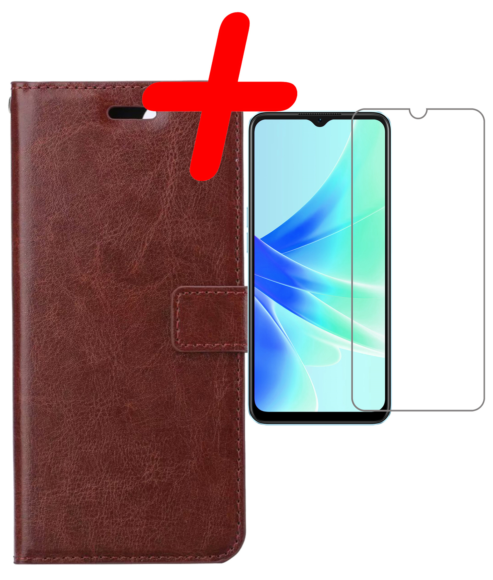 BASEY. Hoes Geschikt voor OPPO A17 Hoesje Bookcase Hoes Flip Case Book Cover Met Screenprotector - Hoesje Geschikt voor OPPO A17 Hoes Book Case Hoesje - Bruin