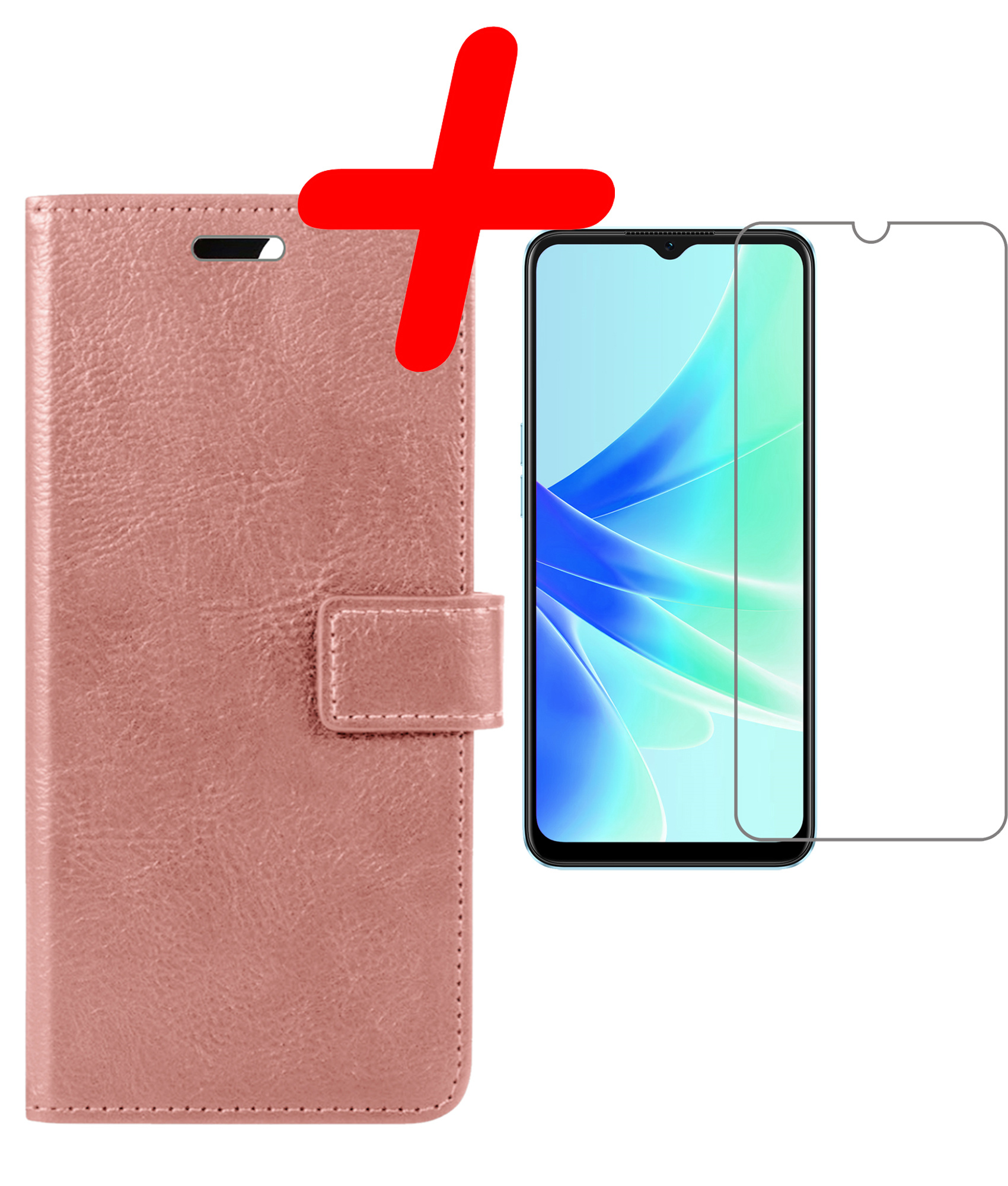 BASEY. Hoes Geschikt voor OPPO A17 Hoesje Bookcase Hoes Flip Case Book Cover Met Screenprotector - Hoesje Geschikt voor OPPO A17 Hoes Book Case Hoesje - Rosé goud