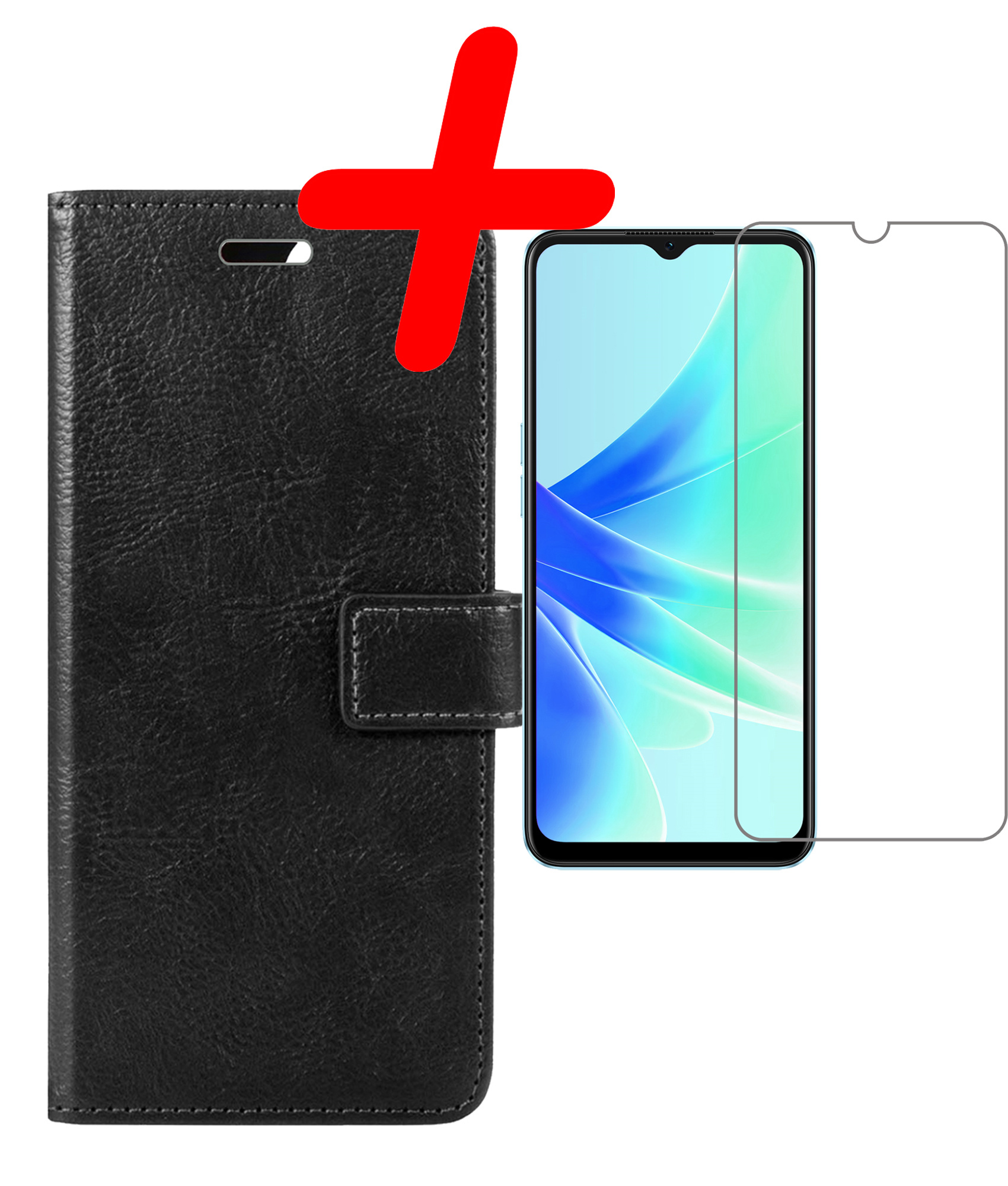 BASEY. Hoes Geschikt voor OPPO A17 Hoesje Bookcase Hoes Flip Case Book Cover Met Screenprotector - Hoesje Geschikt voor OPPO A17 Hoes Book Case Hoesje - Zwart
