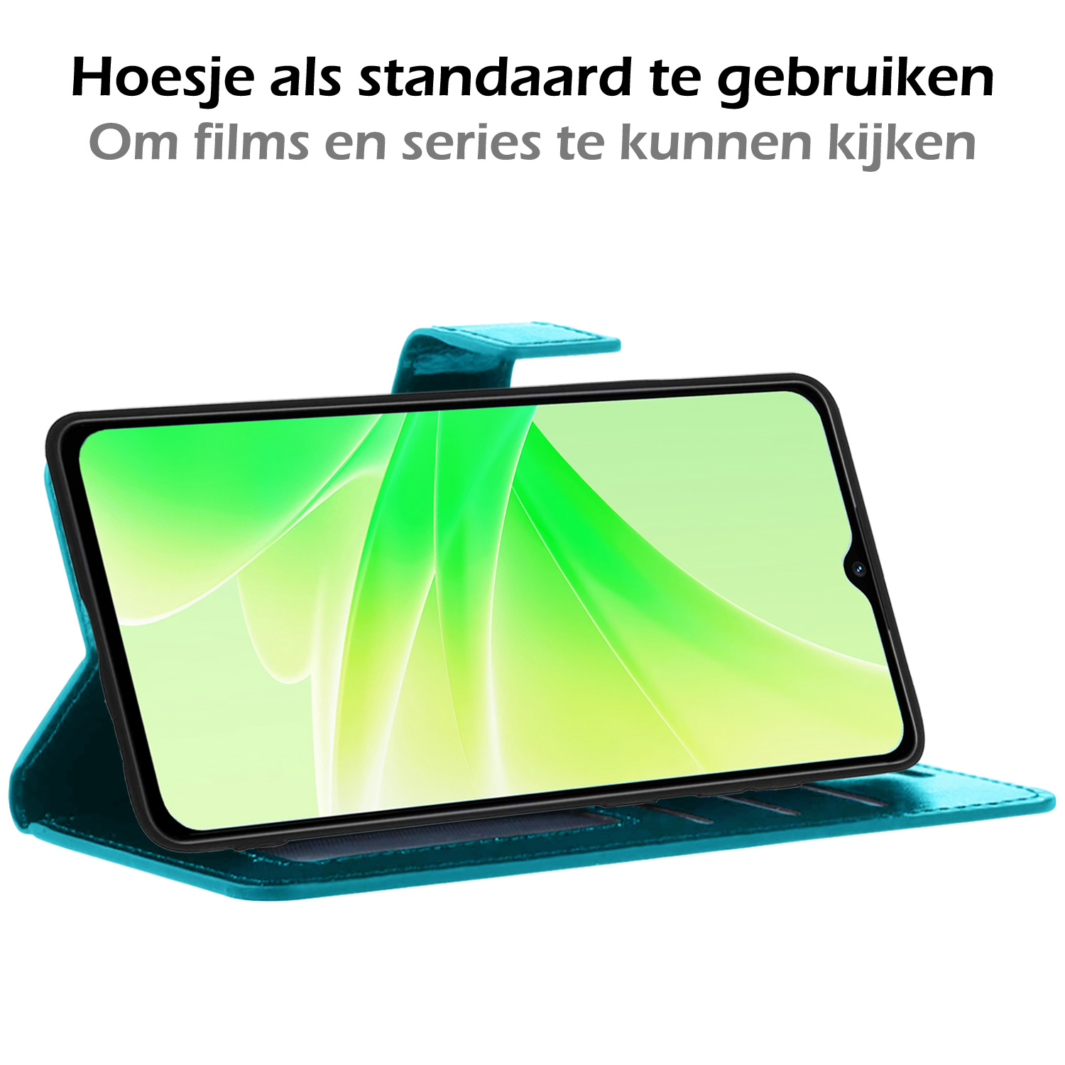 Nomfy Hoesje Geschikt voor OPPO A17 Hoes Bookcase Flipcase Book Cover Met 2x Screenprotector - Hoes Geschikt voor OPPO A17 Hoesje Book Case - Turquoise