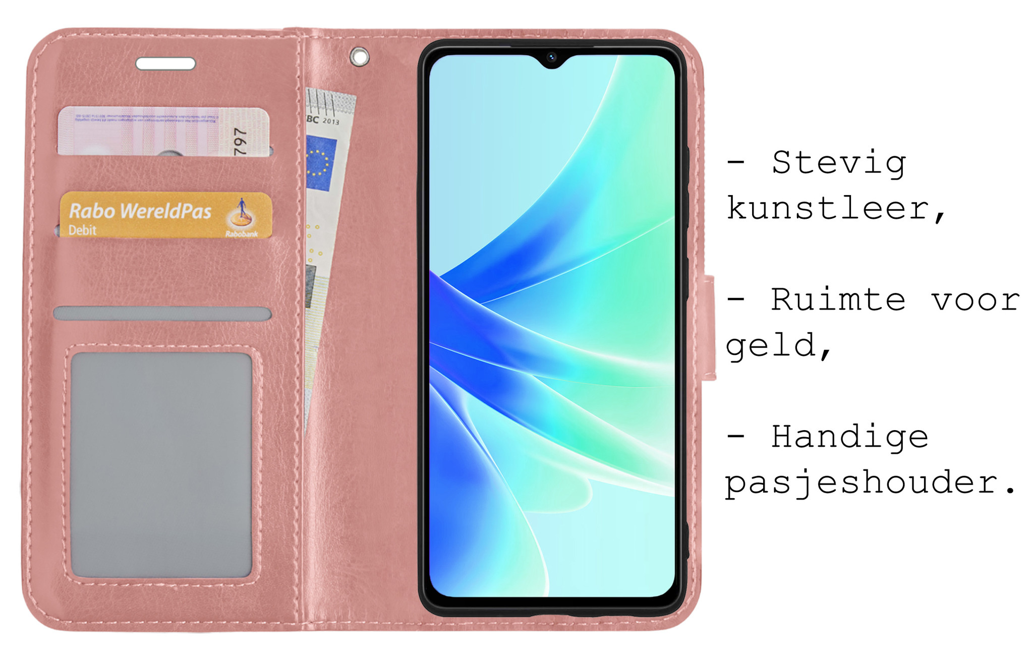 BASEY. Hoes Geschikt voor OPPO A17 Hoesje Bookcase Hoes Flip Case Book Cover Met 2x Screenprotector - Hoesje Geschikt voor OPPO A17 Hoes Book Case Hoesje - Rosé goud