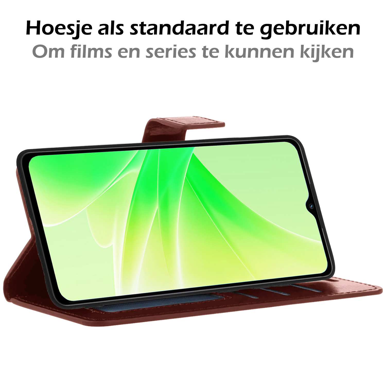 Nomfy Hoesje Geschikt voor OPPO A17 Hoes Bookcase Flipcase Book Cover Met 2x Screenprotector - Hoes Geschikt voor OPPO A17 Hoesje Book Case - Bruin