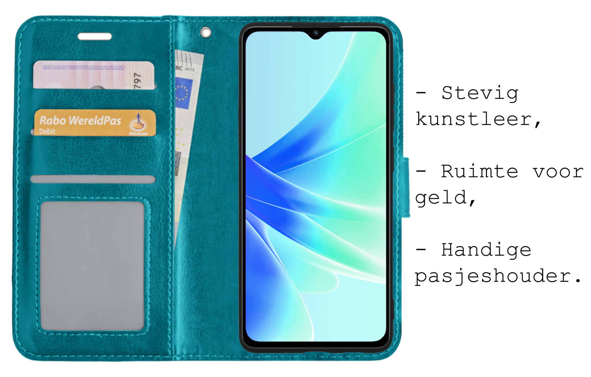 BASEY. Hoes Geschikt voor OPPO A17 Hoesje Bookcase Hoes Flip Case Book Cover Met 2x Screenprotector - Hoesje Geschikt voor OPPO A17 Hoes Book Case Hoesje - Turquoise