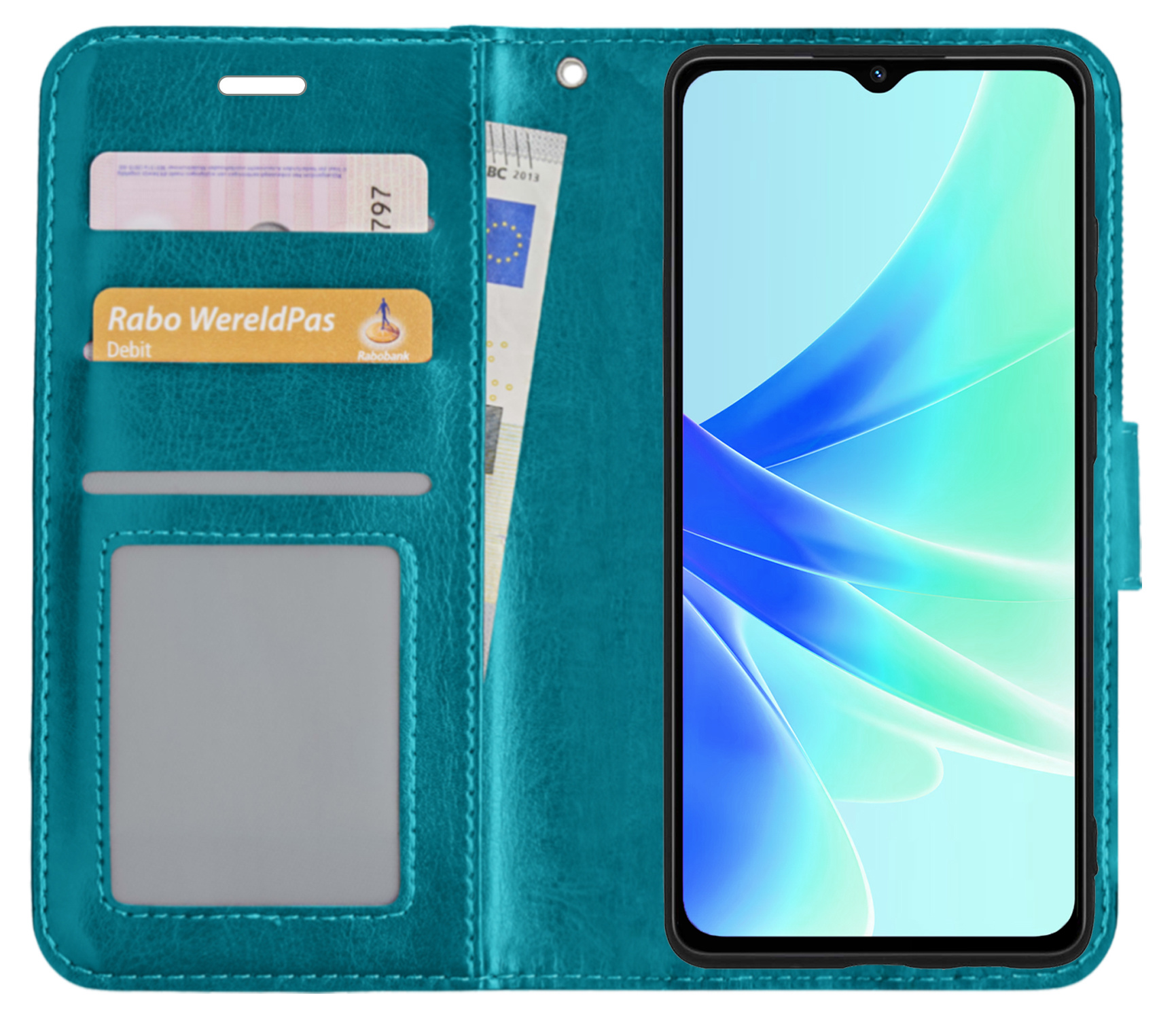 BASEY. Hoes Geschikt voor OPPO A17 Hoesje Bookcase Hoes Flip Case Book Cover Met 2x Screenprotector - Hoesje Geschikt voor OPPO A17 Hoes Book Case Hoesje - Turquoise