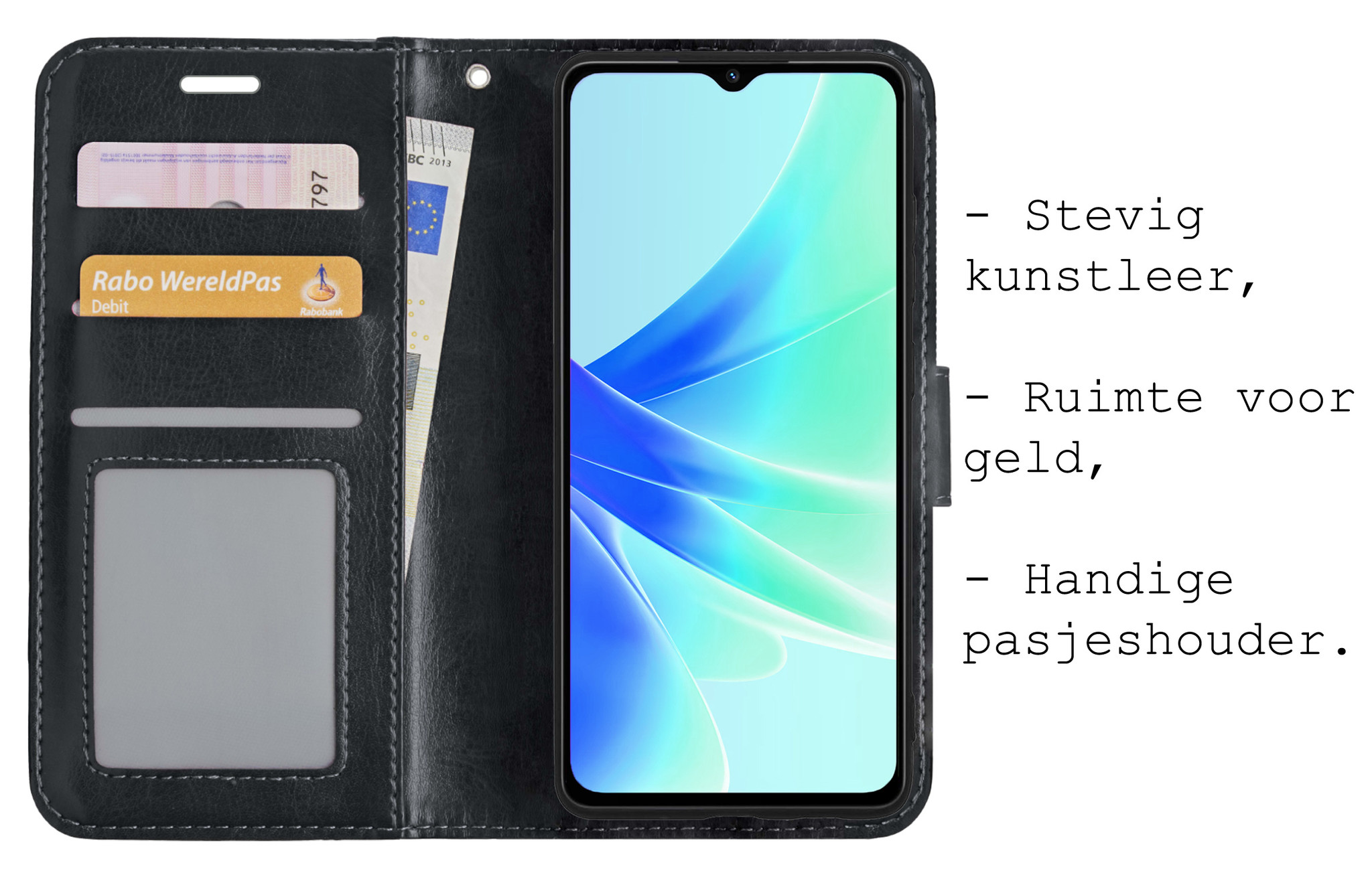 BASEY. Hoes Geschikt voor OPPO A17 Hoesje Bookcase Hoes Flip Case Book Cover Met 2x Screenprotector - Hoesje Geschikt voor OPPO A17 Hoes Book Case Hoesje - Zwart