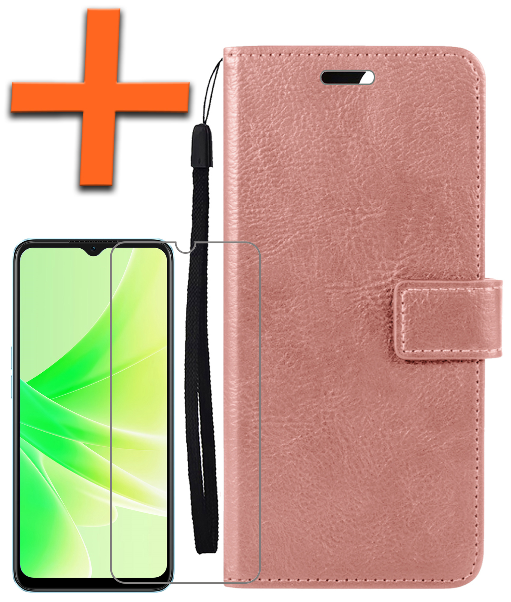 Nomfy Hoesje Geschikt voor OPPO A17 Hoes Bookcase Flipcase Book Cover Met Screenprotector - Hoes Geschikt voor OPPO A17 Hoesje Book Case - Rosé goud
