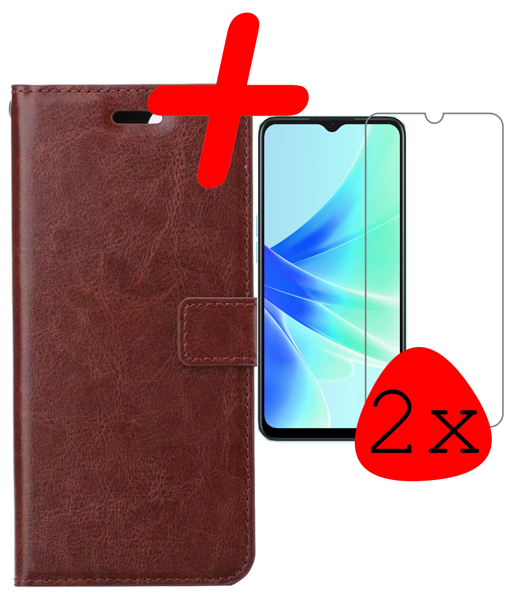 BASEY. Hoes Geschikt voor OPPO A17 Hoesje Bookcase Hoes Flip Case Book Cover Met 2x Screenprotector - Hoesje Geschikt voor OPPO A17 Hoes Book Case Hoesje - Bruin