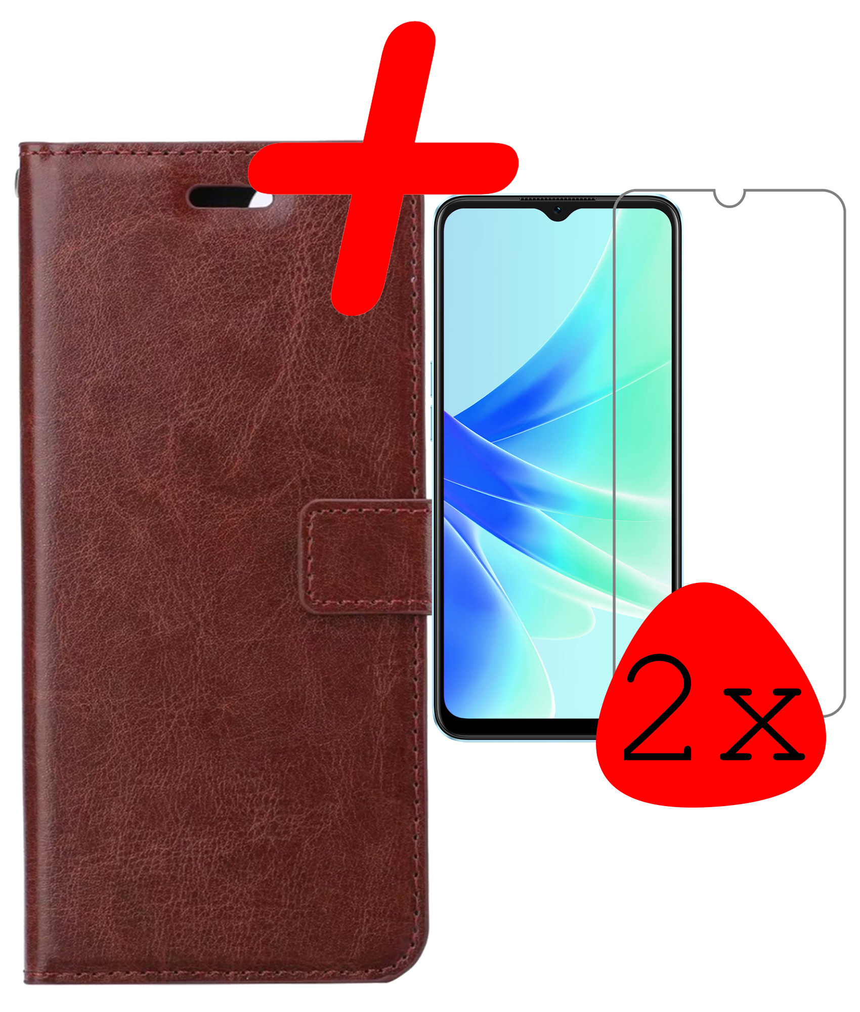 OPPO A17 Hoesje Bookcase Hoes Flip Case Book Cover 2x Met Screenprotector - OPPO A17 Hoes Book Case Hoesje - Bruin