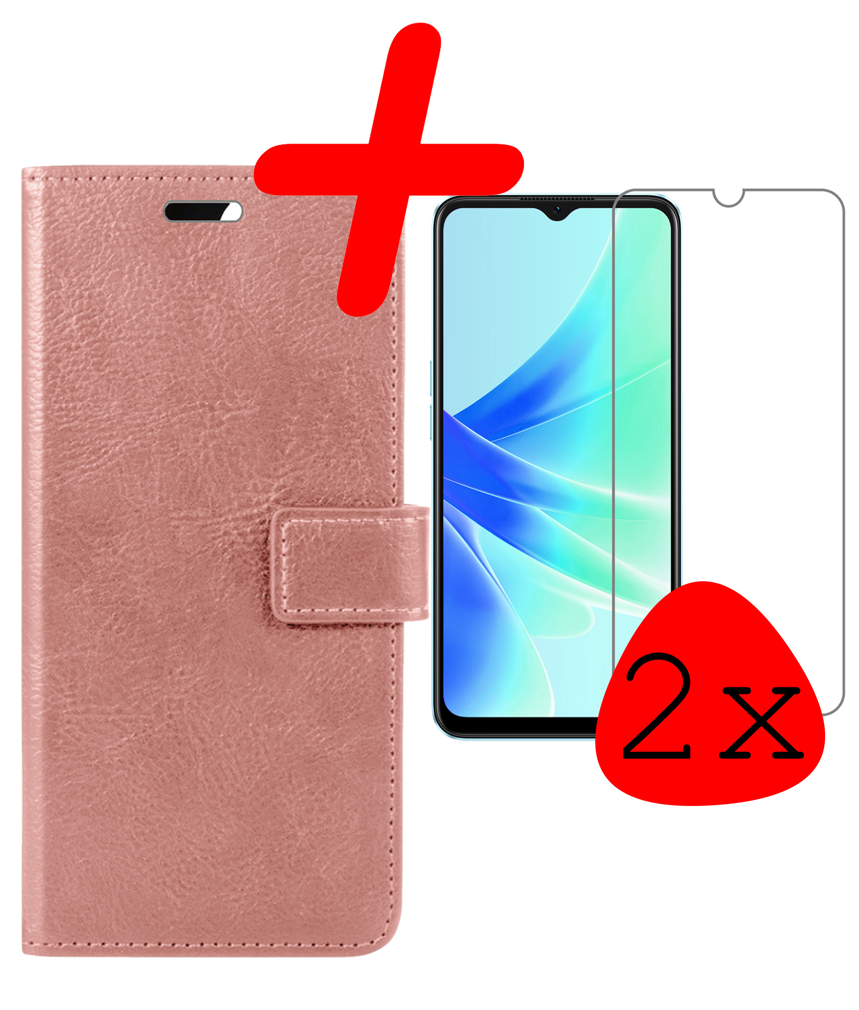 BASEY. Hoes Geschikt voor OPPO A17 Hoesje Bookcase Hoes Flip Case Book Cover Met 2x Screenprotector - Hoesje Geschikt voor OPPO A17 Hoes Book Case Hoesje - Rosé goud