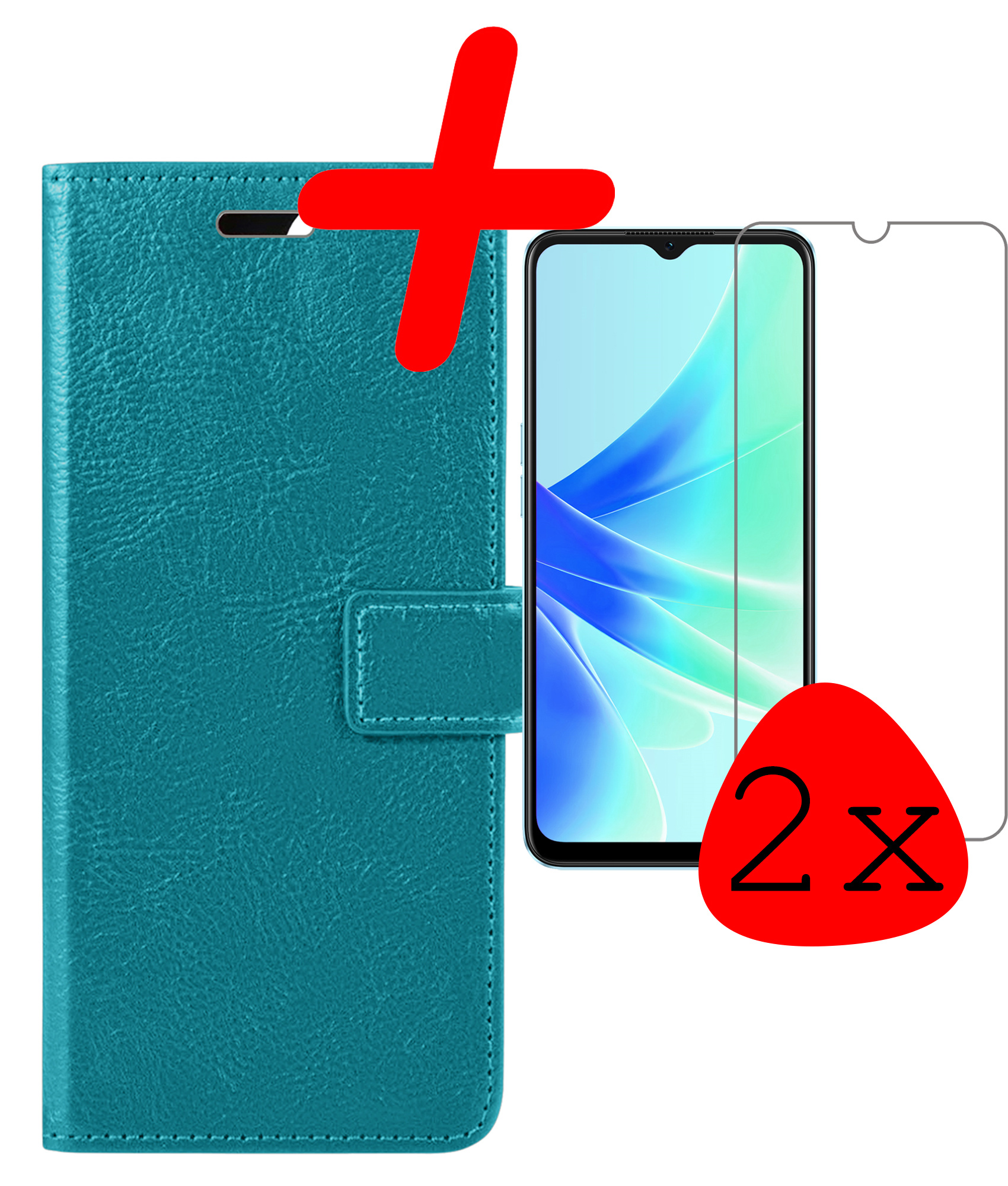 BASEY. Hoes Geschikt voor OPPO A17 Hoesje Bookcase Hoes Flip Case Book Cover Met 2x Screenprotector - Hoesje Geschikt voor OPPO A17 Hoes Book Case Hoesje - Turquoise