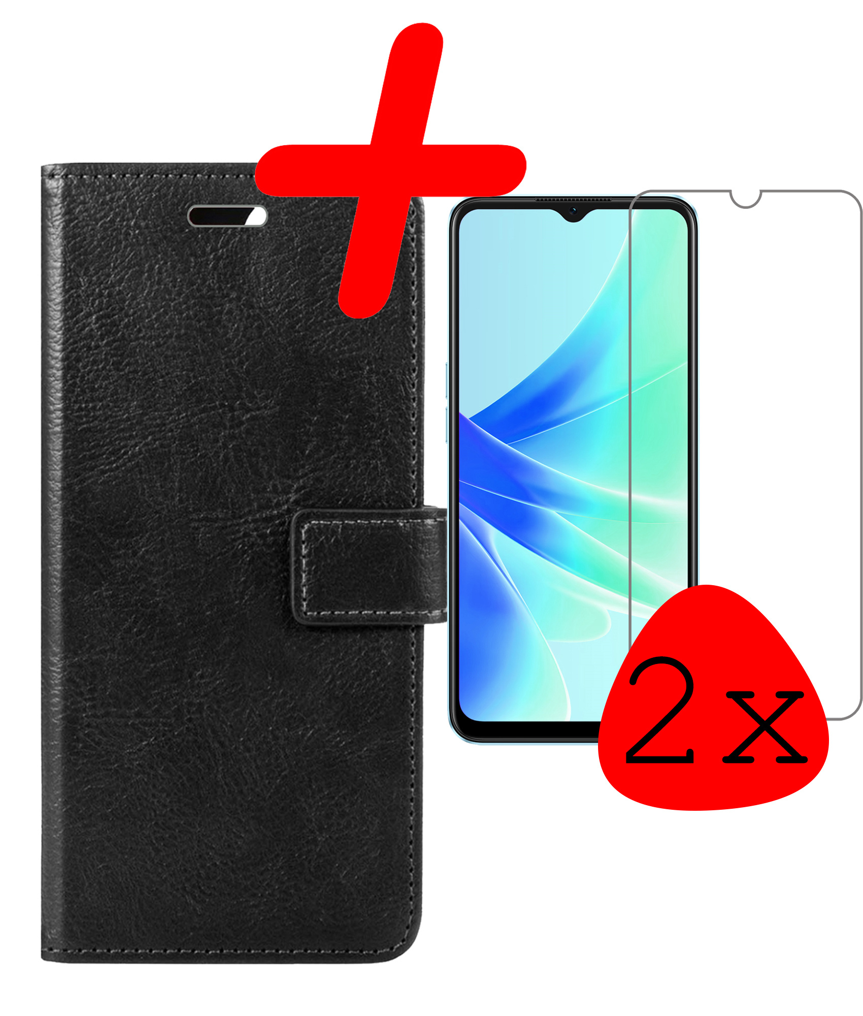 BASEY. Hoes Geschikt voor OPPO A17 Hoesje Bookcase Hoes Flip Case Book Cover Met 2x Screenprotector - Hoesje Geschikt voor OPPO A17 Hoes Book Case Hoesje - Zwart