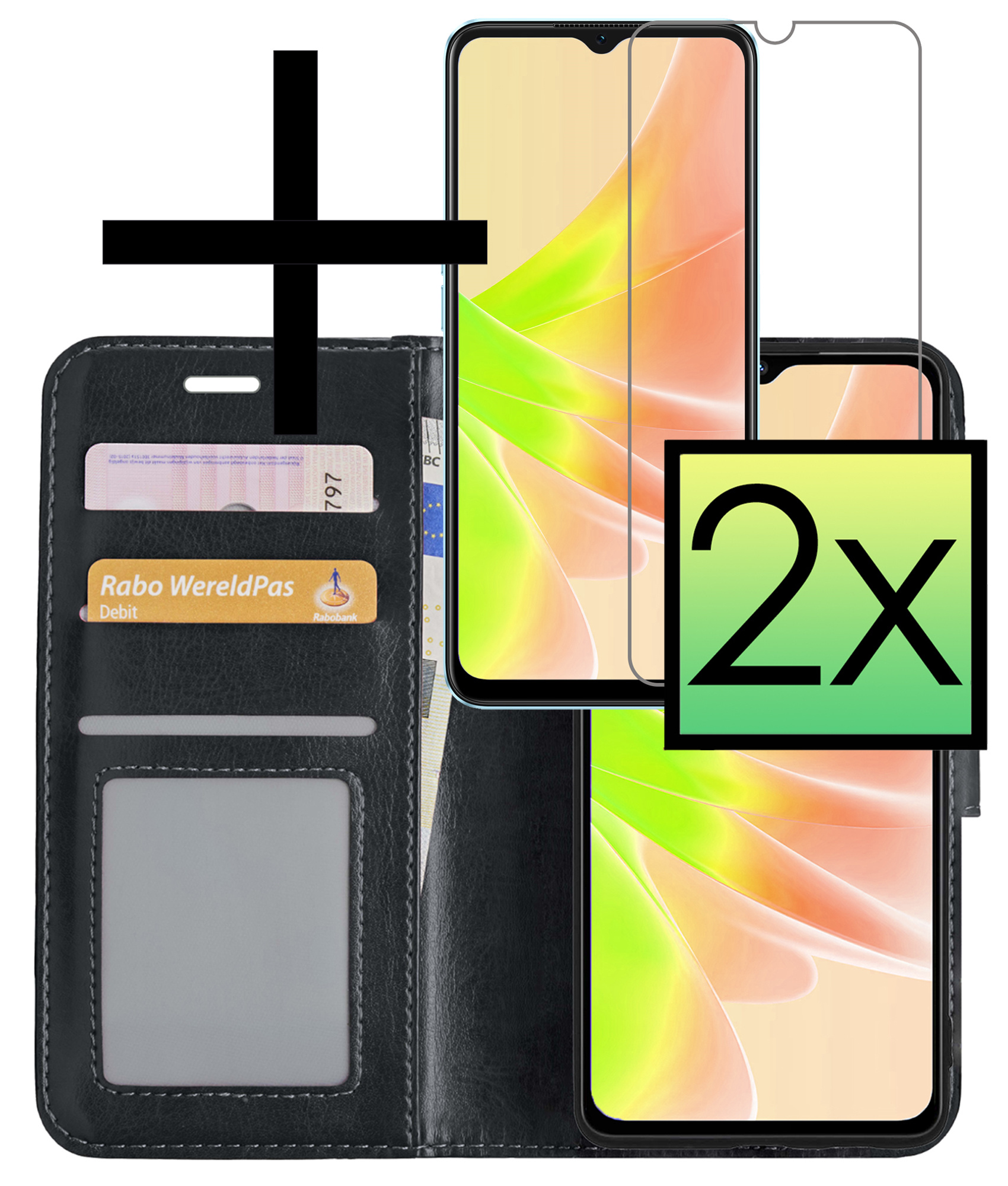 NoXx Hoes Geschikt voor OPPO A17 Hoesje Book Case Hoes Flip Cover Wallet Bookcase Met 2x Screenprotector - Zwart