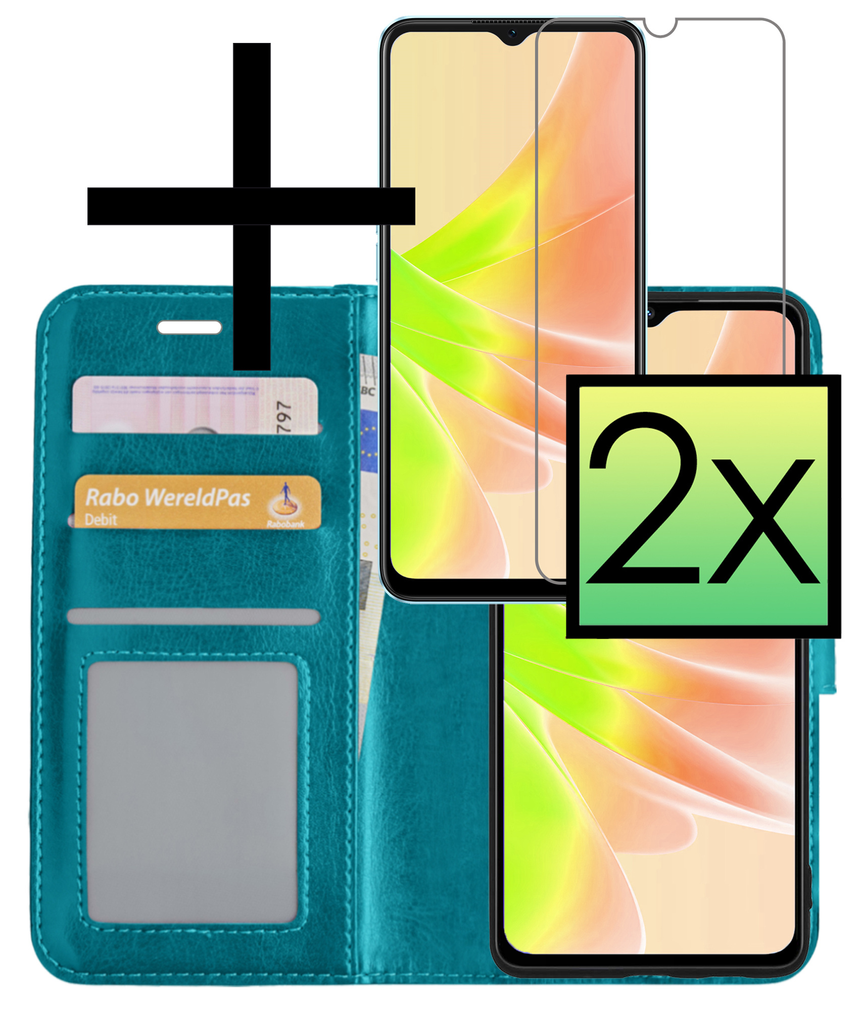 NoXx Hoes Geschikt voor OPPO A17 Hoesje Book Case Hoes Flip Cover Wallet Bookcase Met 2x Screenprotector - Turquoise