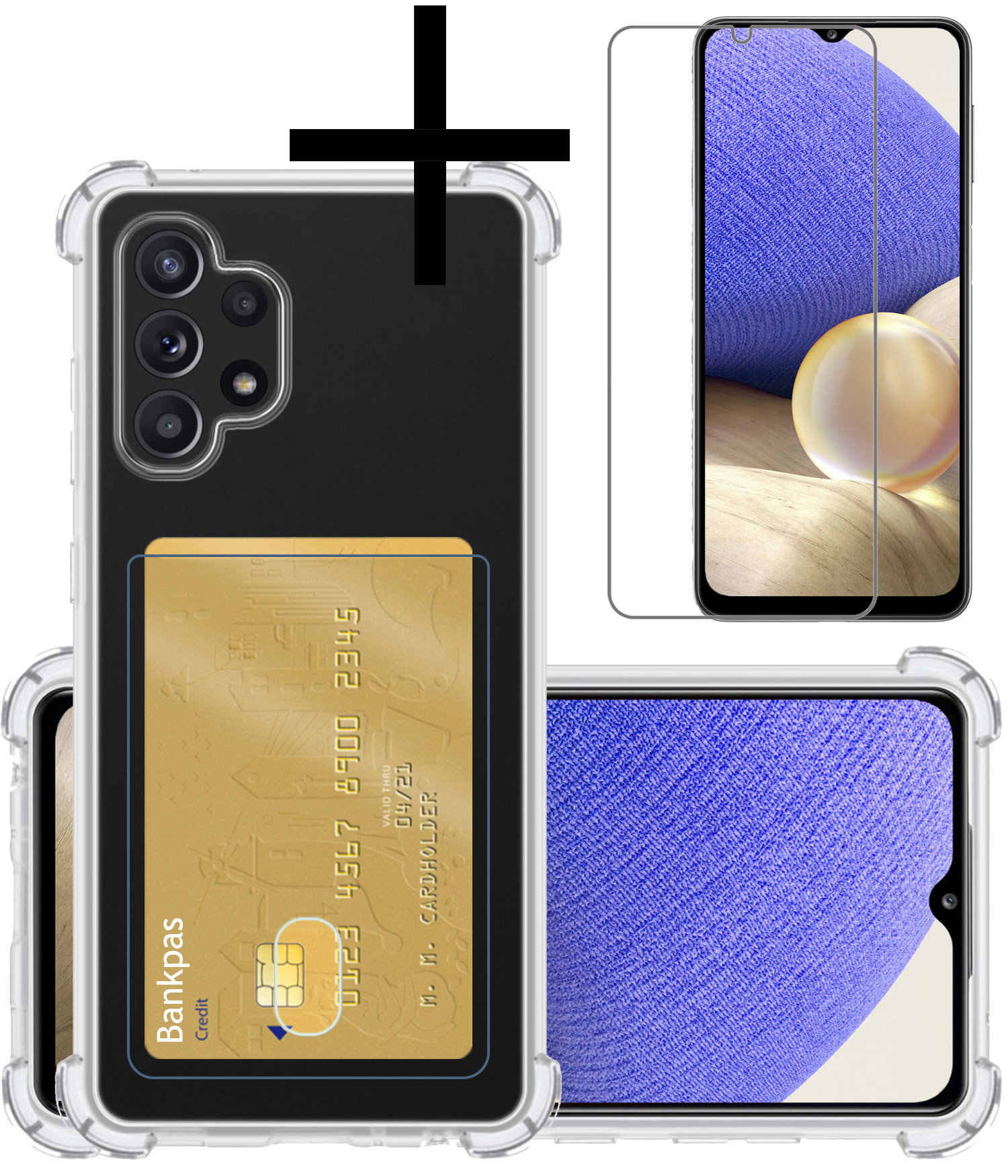 NoXx Hoes Geschikt voor Samsung A32 5G Hoesje Pasjeshouder Cover Shock Proof Case Siliconen Hoes Met Kaarthouder Met Screenprotector - Transparant