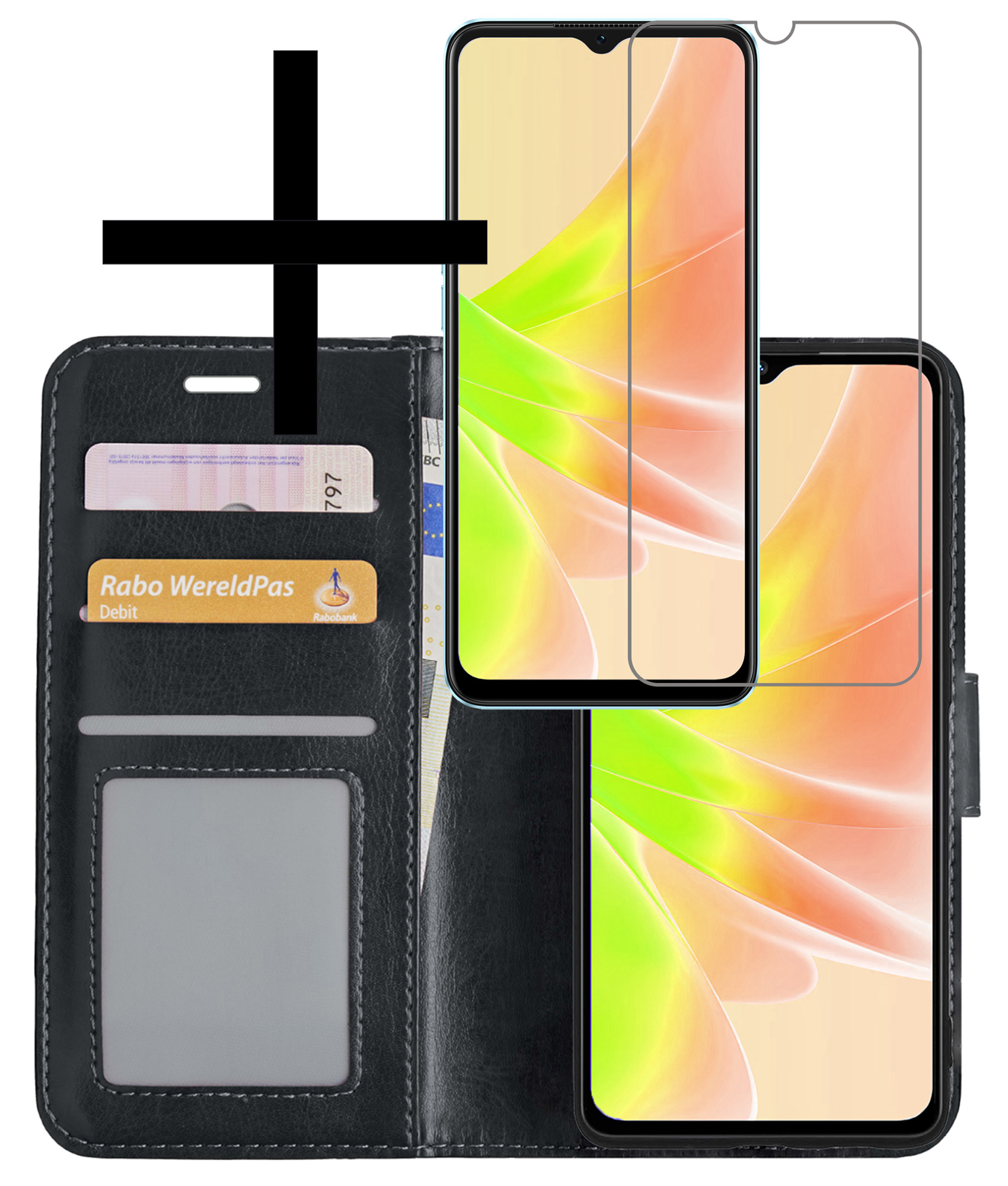 NoXx Hoes Geschikt voor OPPO A17 Hoesje Book Case Hoes Flip Cover Wallet Bookcase Met Screenprotector - Zwart