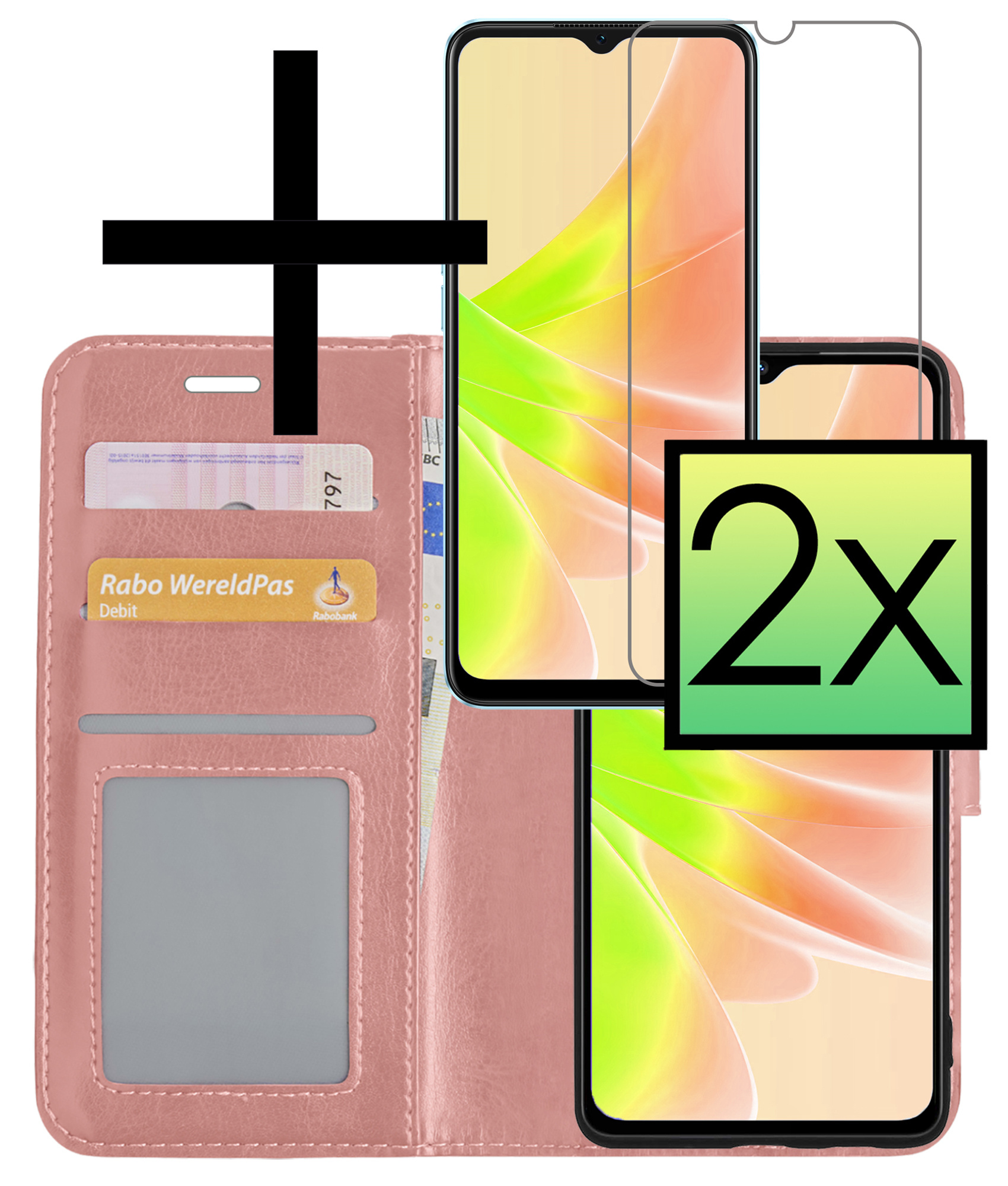 NoXx Hoes Geschikt voor OPPO A17 Hoesje Book Case Hoes Flip Cover Wallet Bookcase Met 2x Screenprotector - Rosé goud