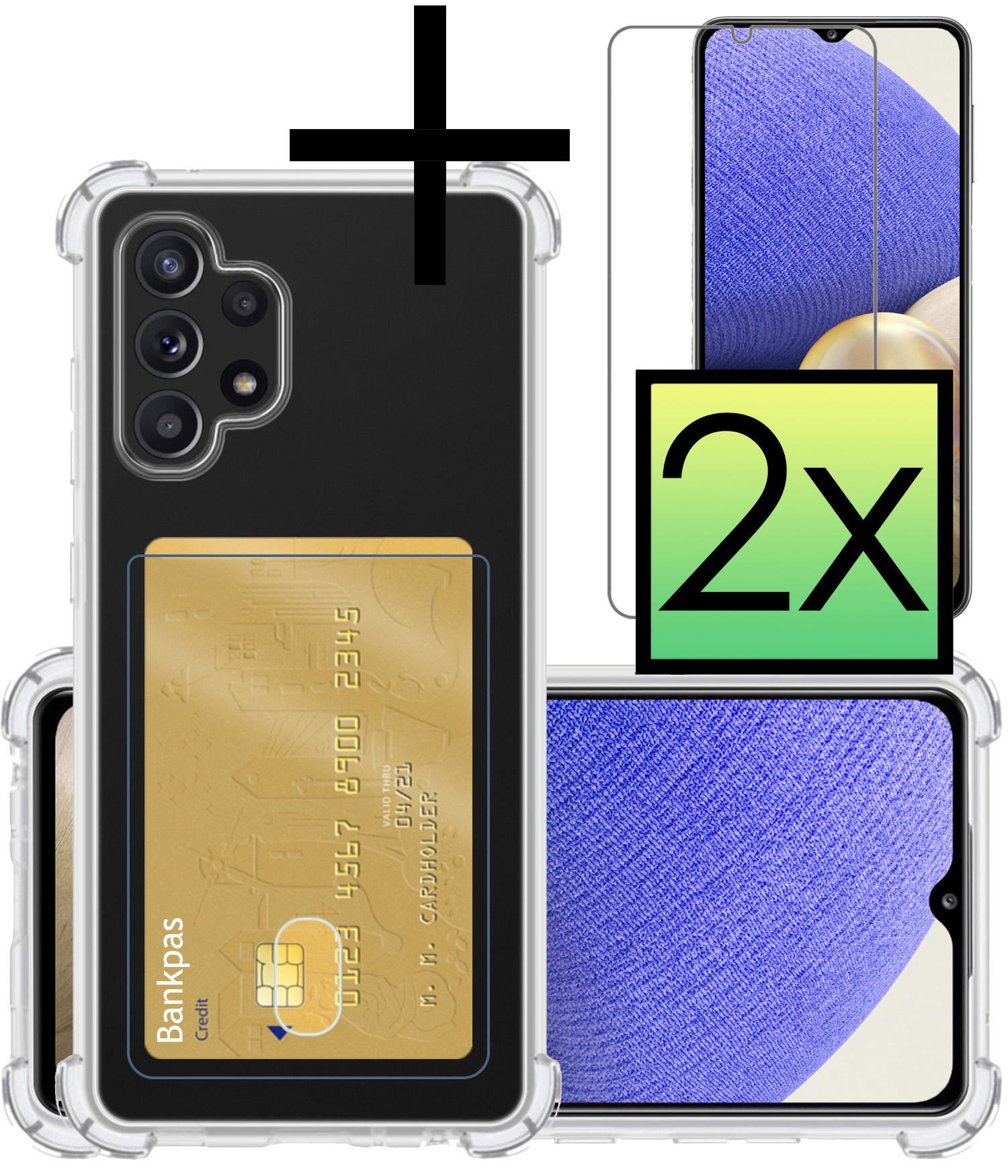 NoXx Hoes Geschikt voor Samsung A32 5G Hoesje Pasjeshouder Cover Shock Proof Case Siliconen Hoes Met Kaarthouder Met 2x Screenprotector - Transparant