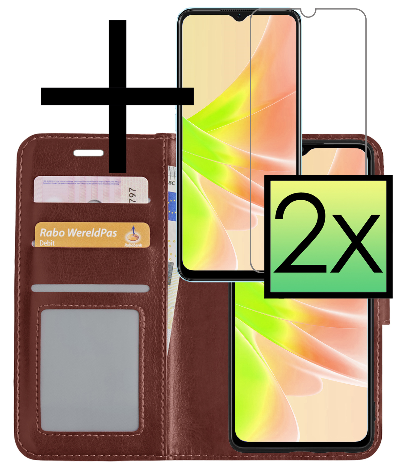 NoXx Hoes Geschikt voor OPPO A17 Hoesje Book Case Hoes Flip Cover Wallet Bookcase Met 2x Screenprotector - Bruin